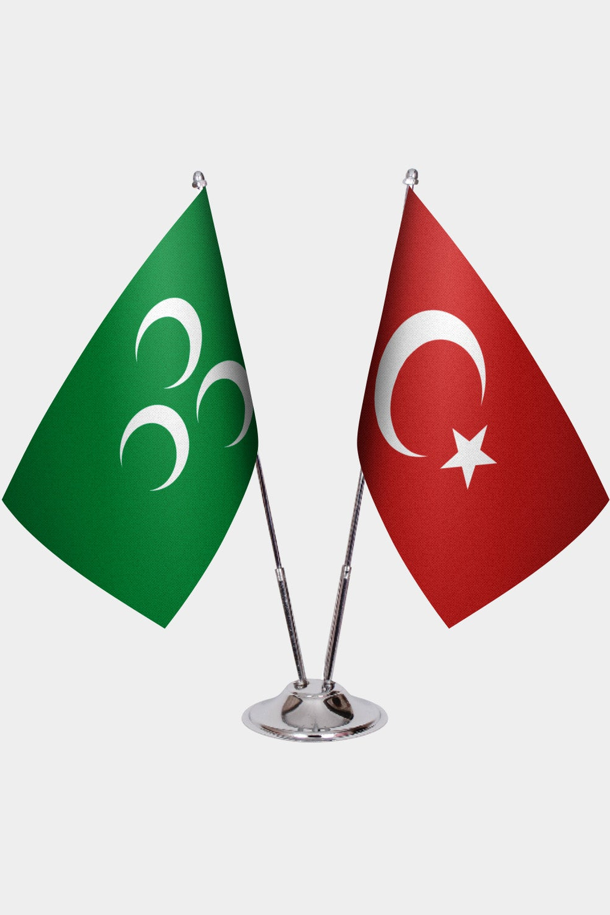 Three Crescents and Türkiye dual desk flag set with chrome silver pedestal, satin office table flag