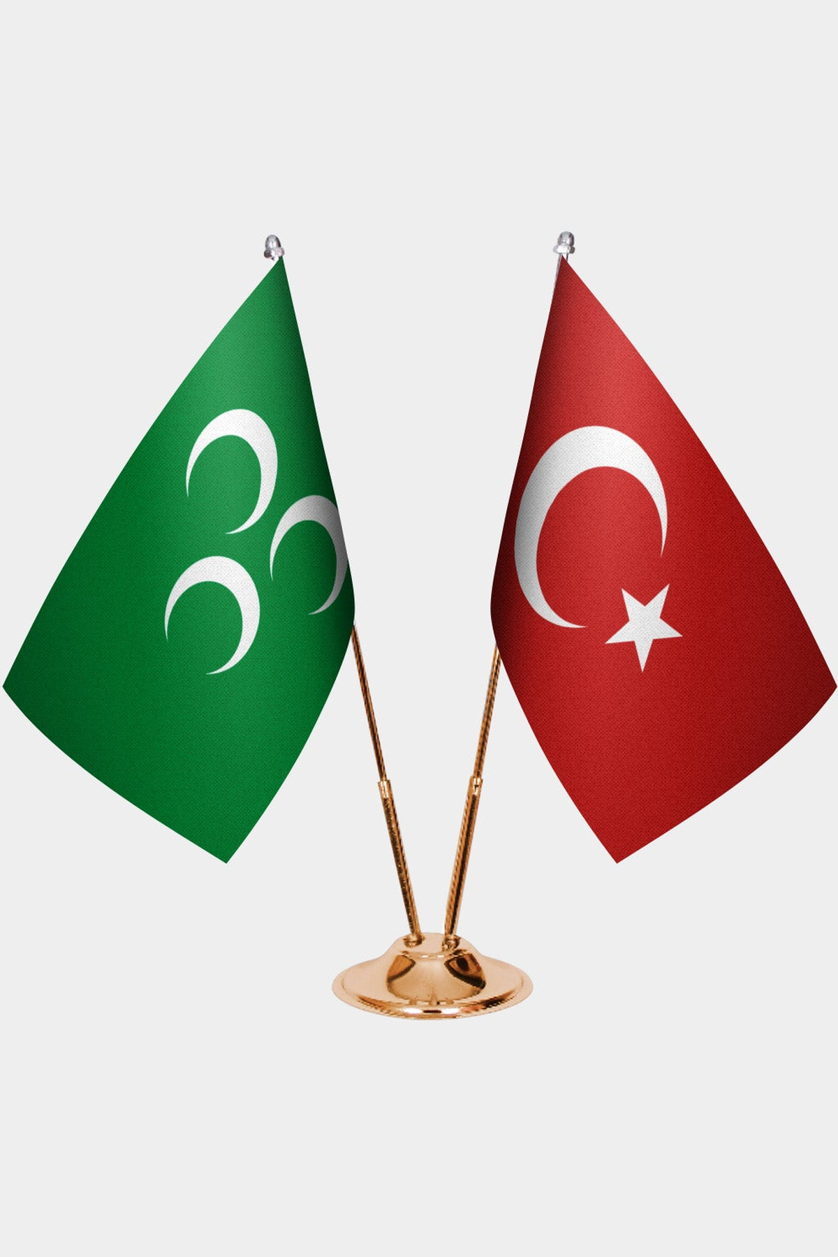 Three Crescents and Türkiye dual desk flag set with gold pedestal, satin office table flag