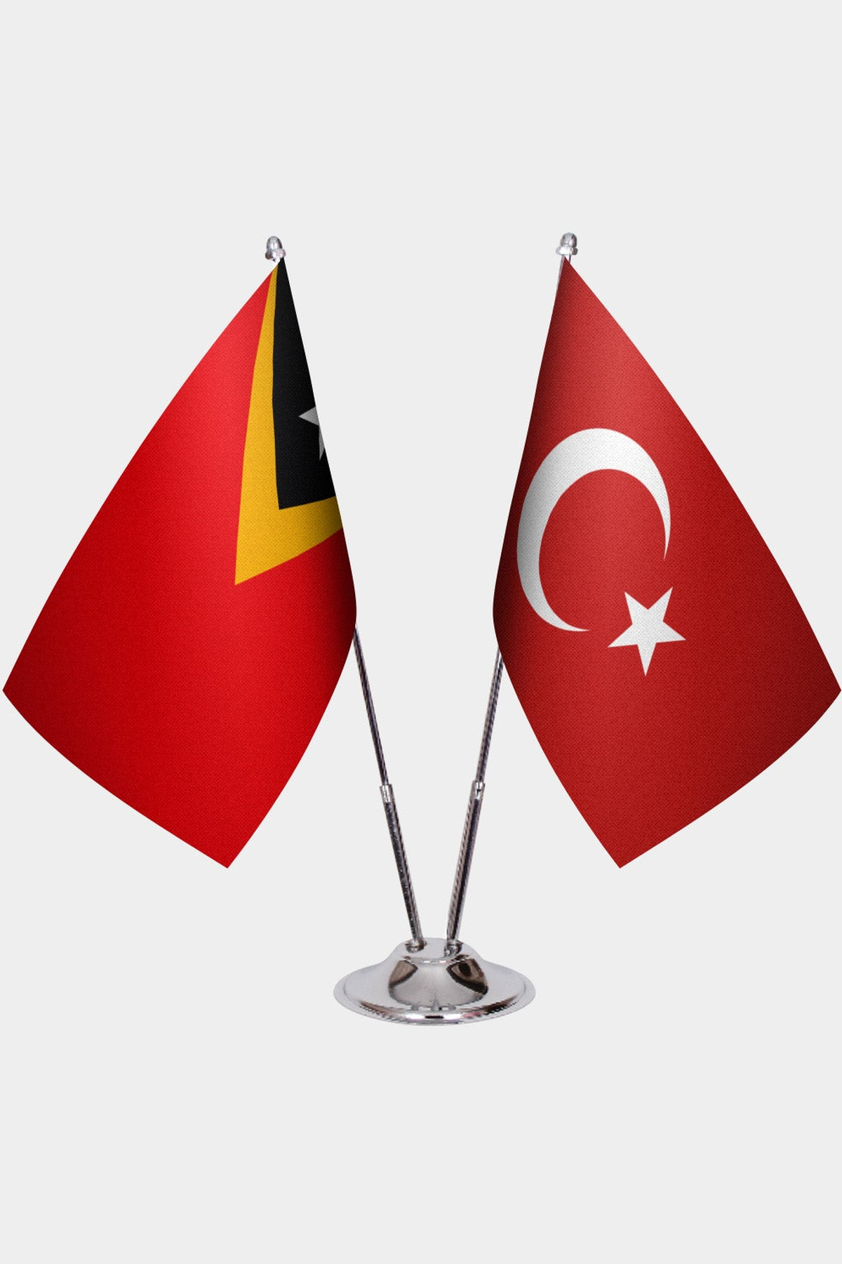 Timor-Leste and Türkiye dual desk flag set with chrome silver pedestal, satin office table flag
