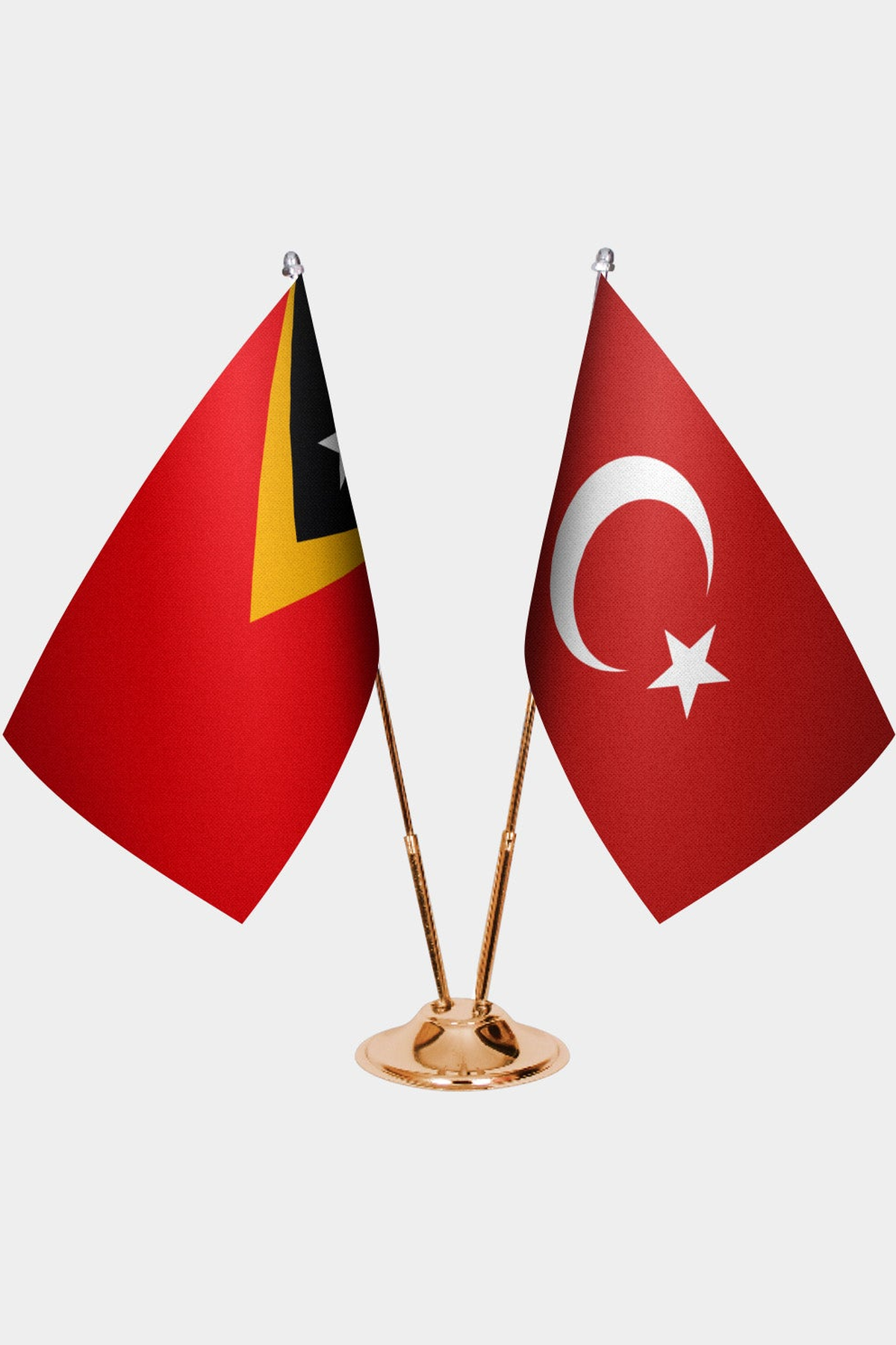 Timor-Leste and Türkiye dual desk flag set with gold pedestal, satin office table flag