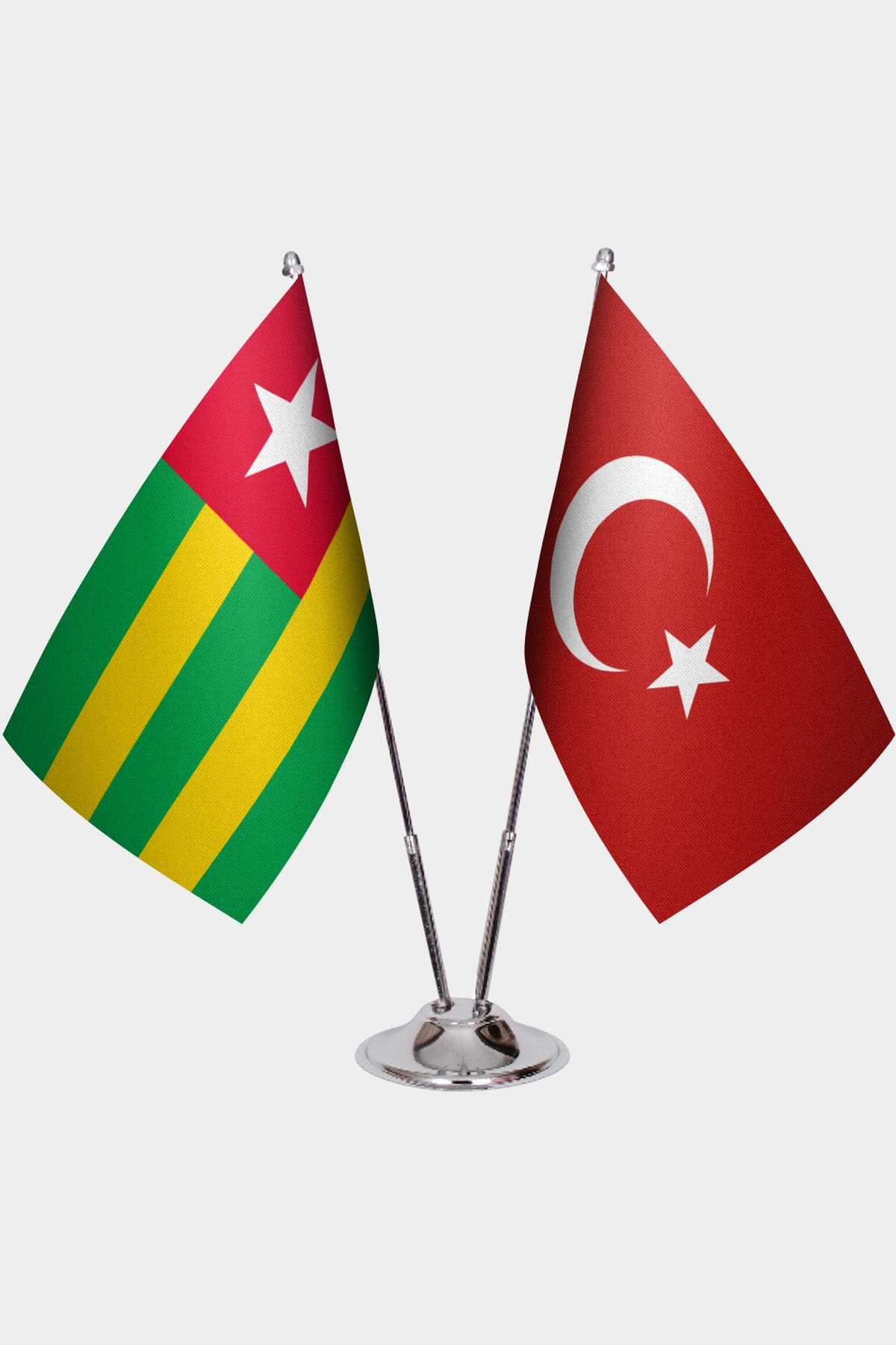 Togo and Türkiye dual desk flag set with chrome silver pedestal, satin office table flag
