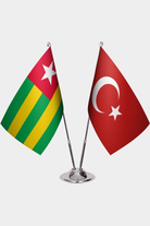 Togo and Türkiye dual desk flag set with chrome silver pedestal, satin office table flag