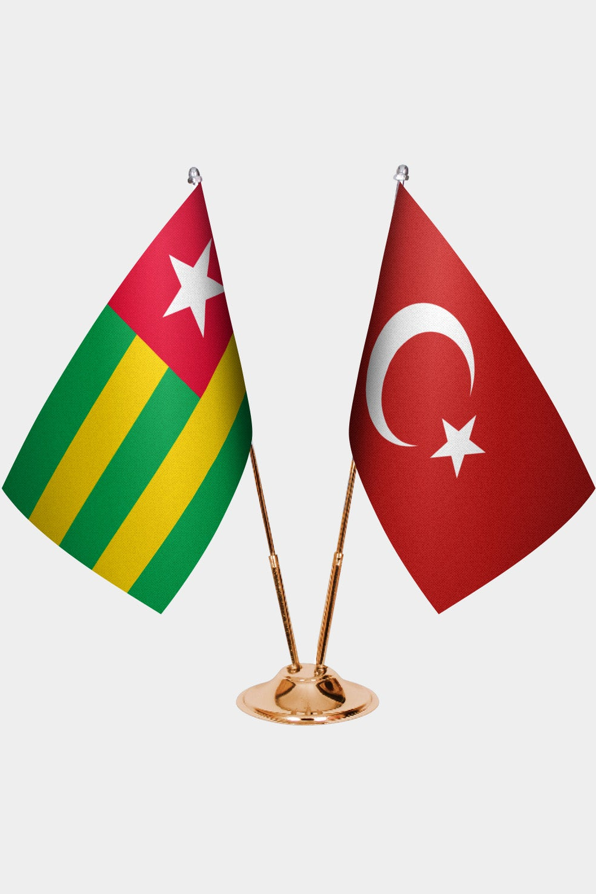 Togo and Türkiye dual desk flag set with gold pedestal, satin office table flag