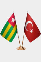 Togo and Türkiye dual desk flag set with gold pedestal, satin office table flag