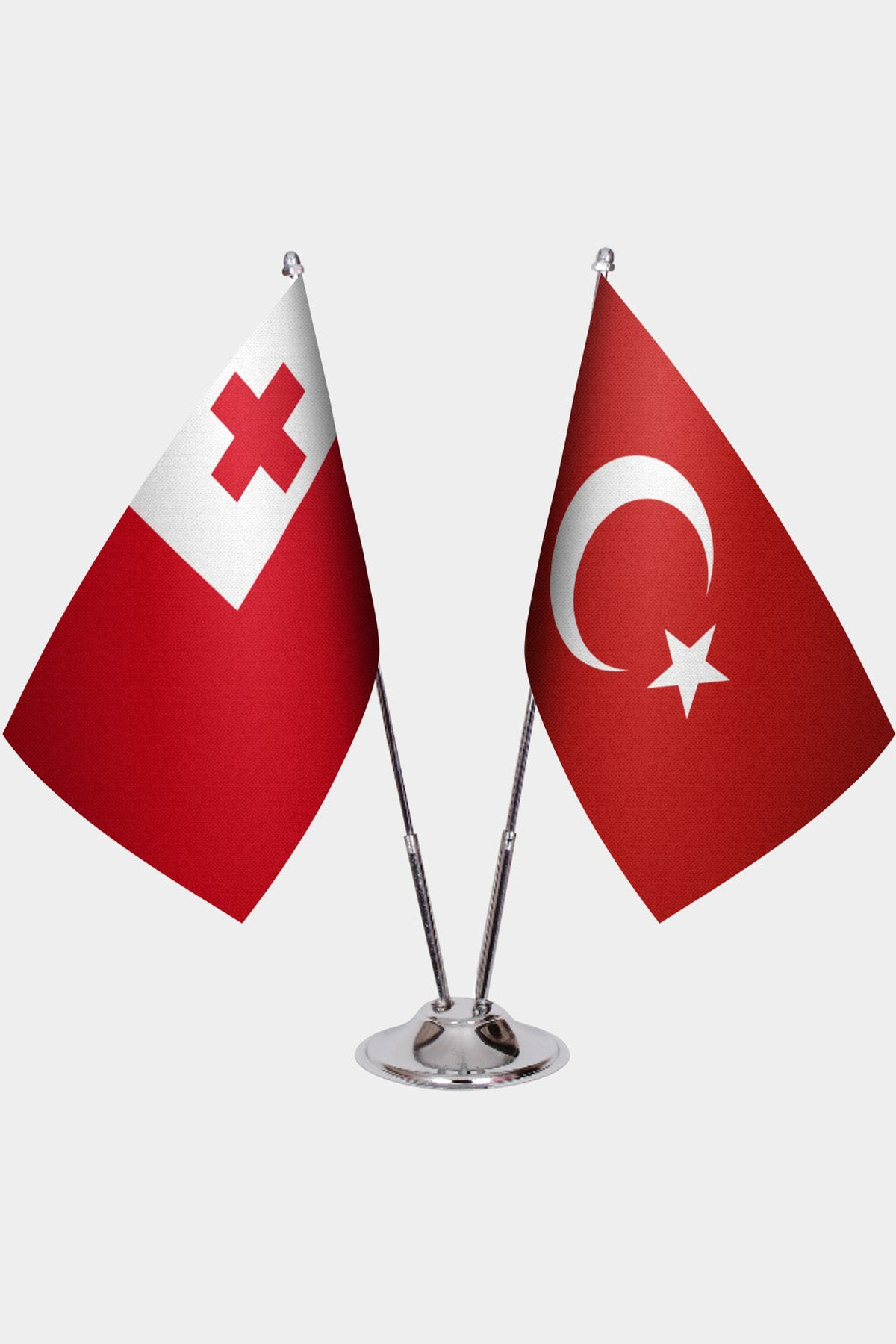Tonga and Türkiye dual desk flag set with chrome silver pedestal, satin office table flag
