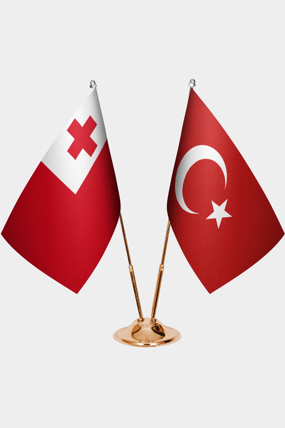 Tonga and Türkiye dual desk flag set with gold pedestal, satin office table flag
