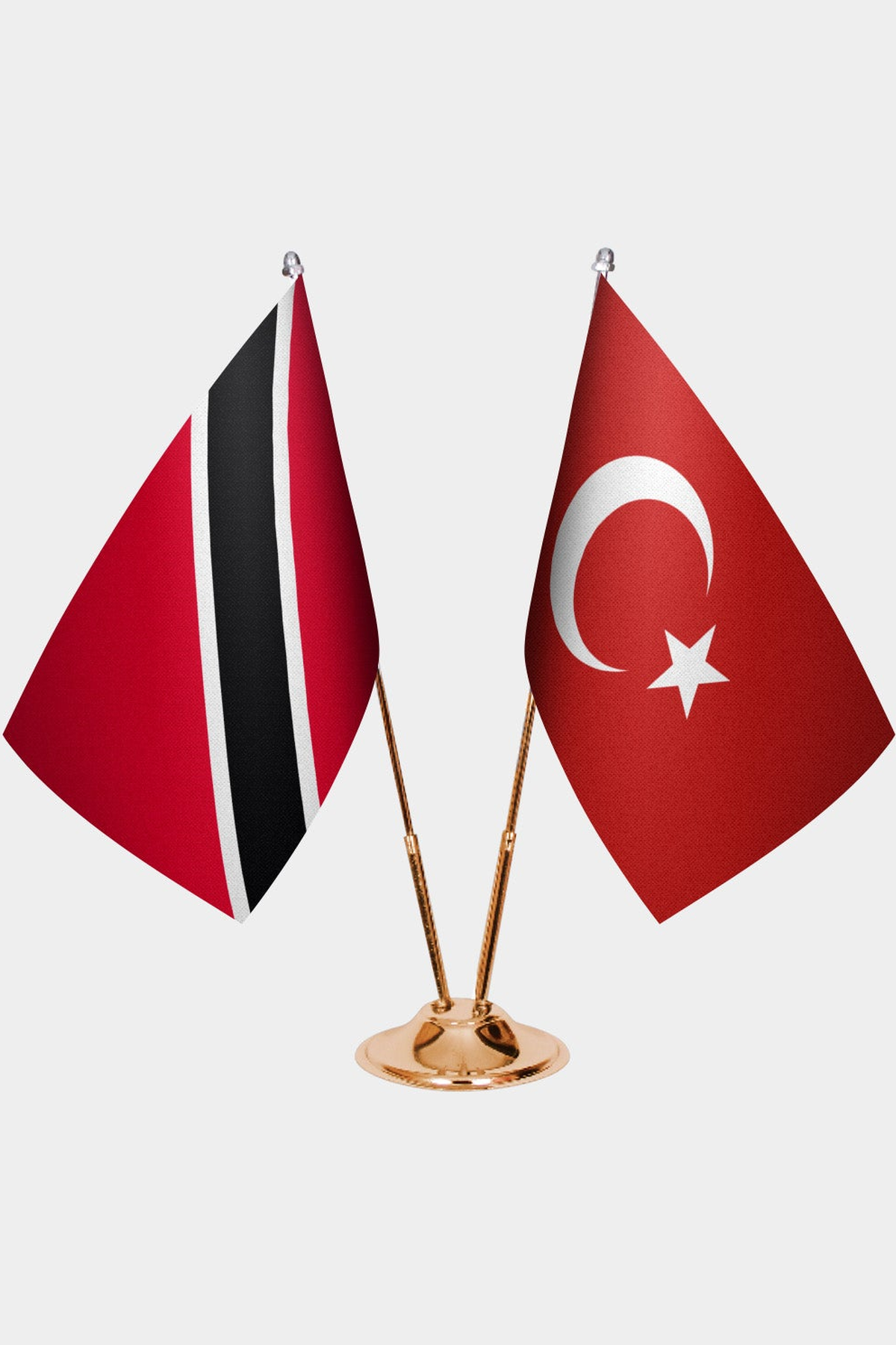 Trinidad & Tobago and Türkiye dual desk flag set with gold pedestal, satin office table flag