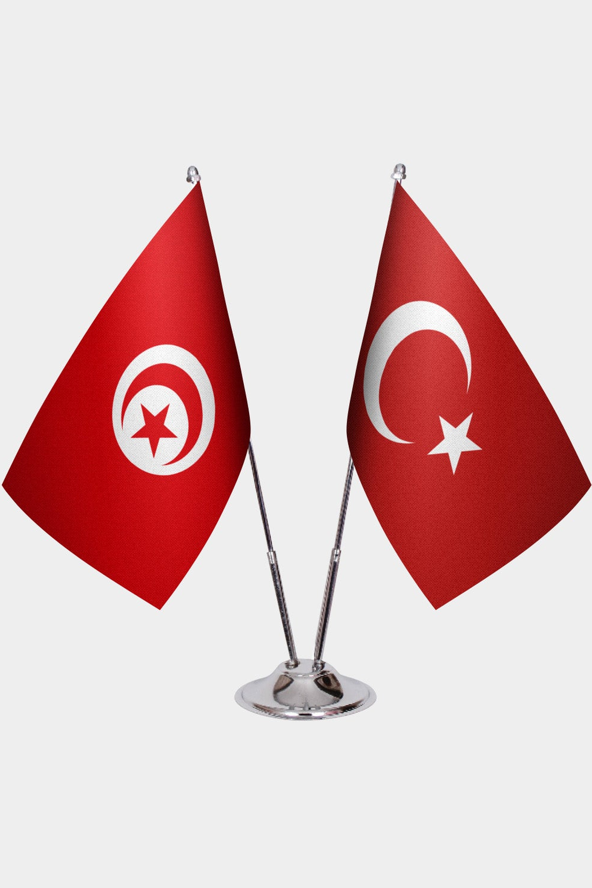 Tunisia and Türkiye dual desk flag set with chrome silver pedestal, satin office table flag