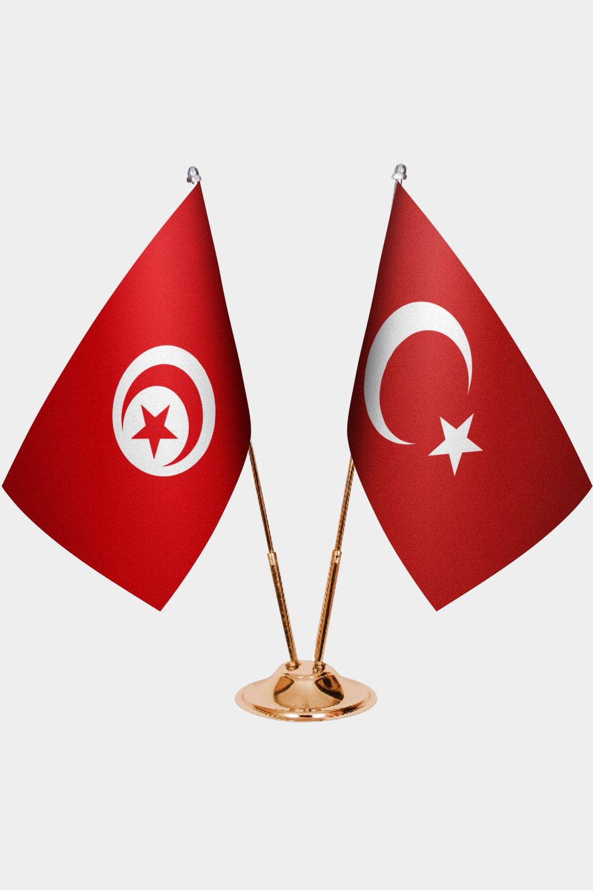 Tunisia and Türkiye dual desk flag set with gold pedestal, satin office table flag