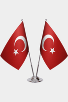 Turkey and Türkiye dual desk flag set with chrome silver pedestal, satin office table flag