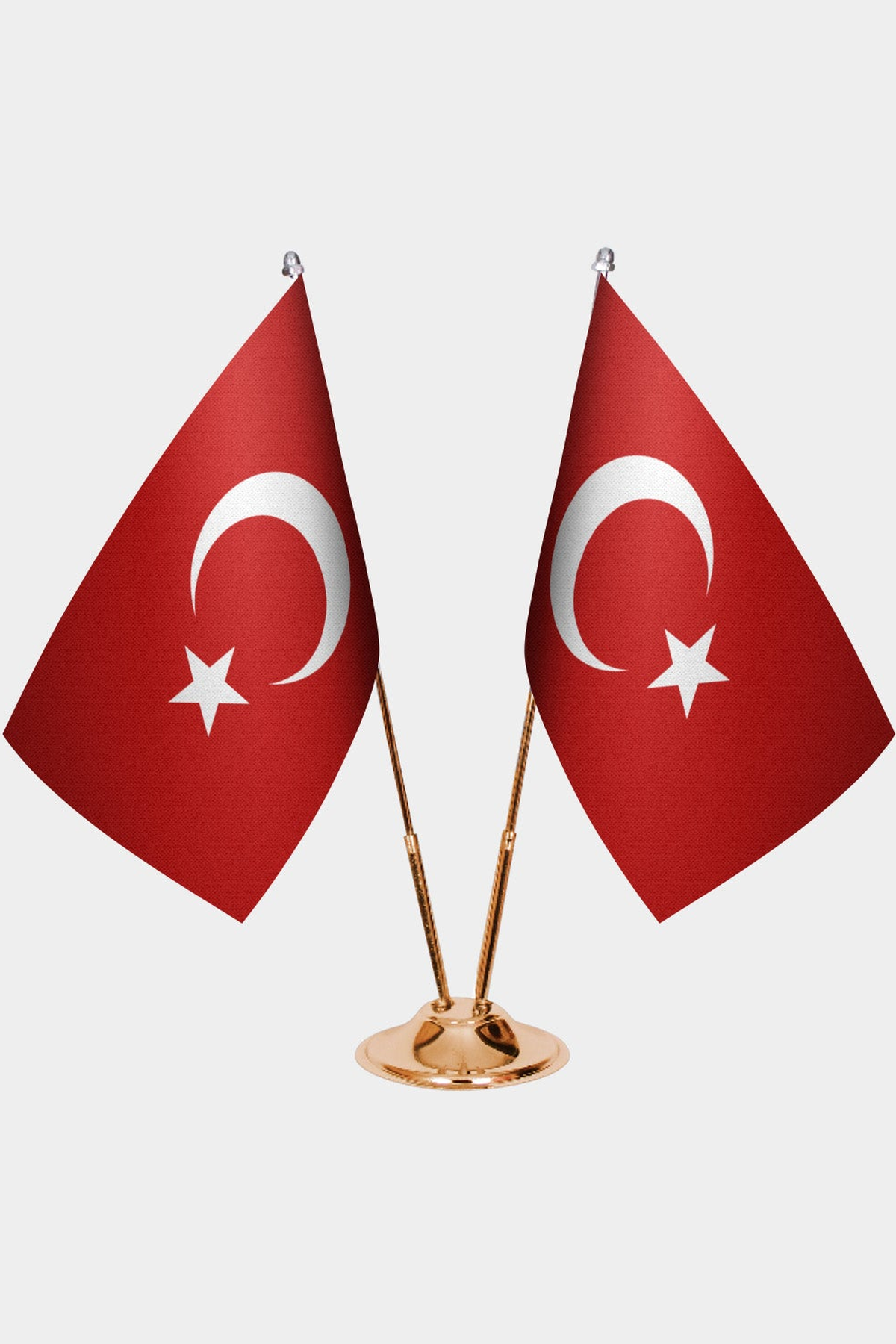 Turkey and Türkiye dual desk flag set with gold pedestal, satin office table flag