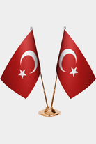 Turkey and Türkiye dual desk flag set with gold pedestal, satin office table flag