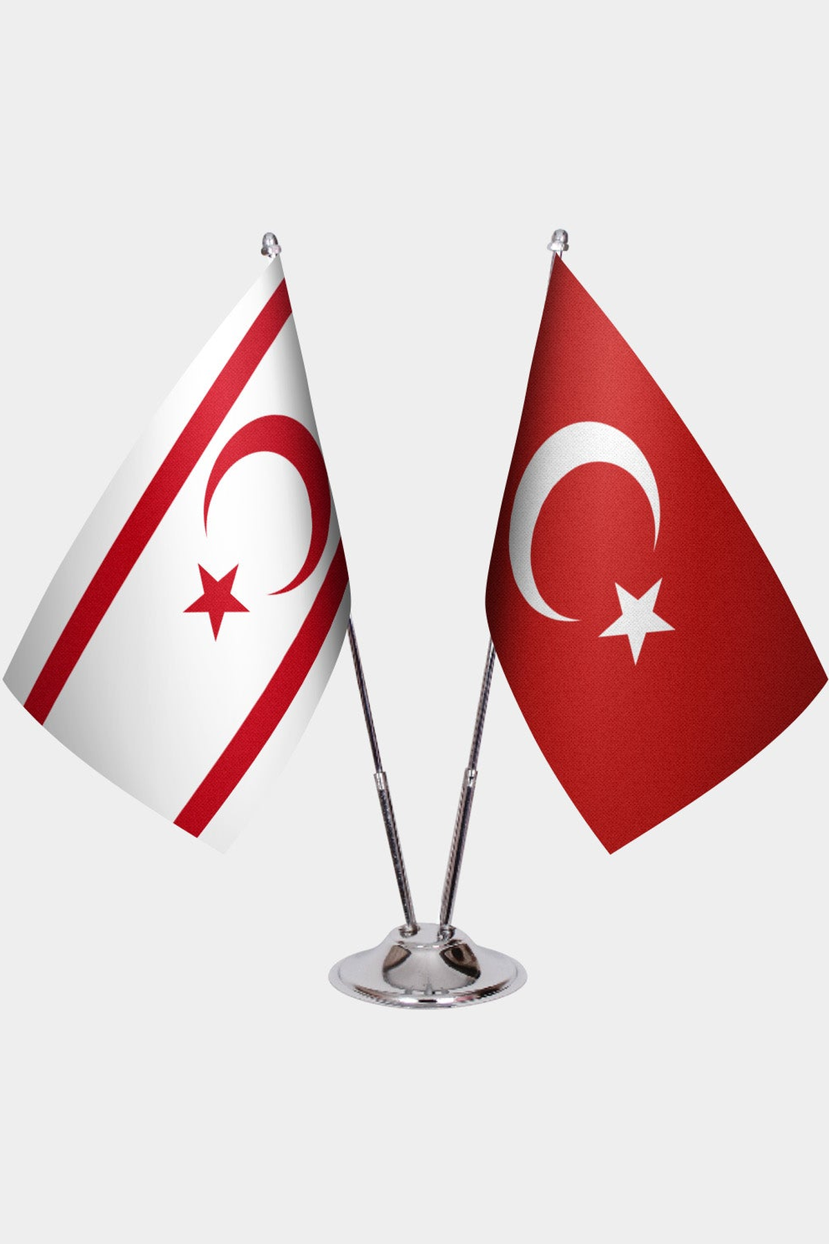 Turkish Republic of Northern Cyprus and Türkiye dual desk flag set with chrome silver pedestal, satin office table flag