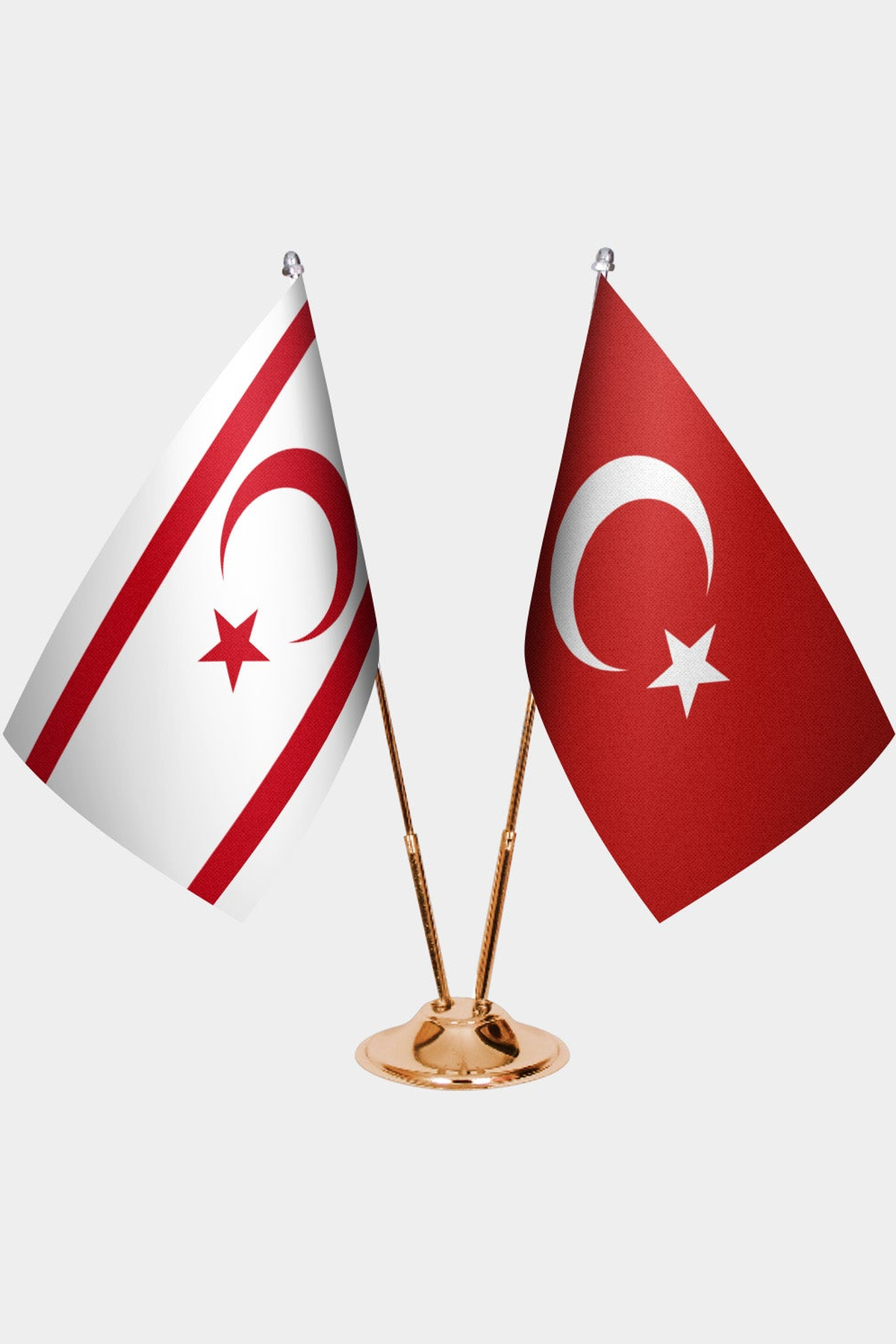 Turkish Republic of Northern Cyprus and Türkiye dual desk flag set with gold pedestal, satin office table flag