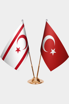 Turkish Republic of Northern Cyprus and Türkiye dual desk flag set with gold pedestal, satin office table flag