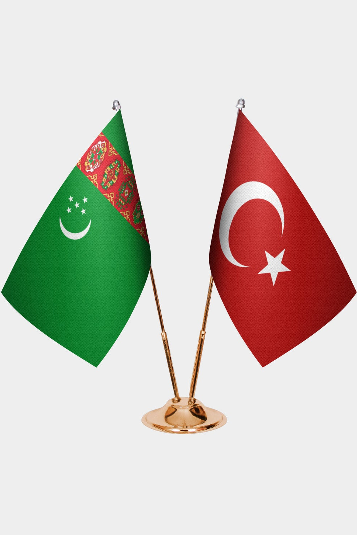 Turkmenistan and Türkiye dual desk flag set with gold pedestal, satin office table flag