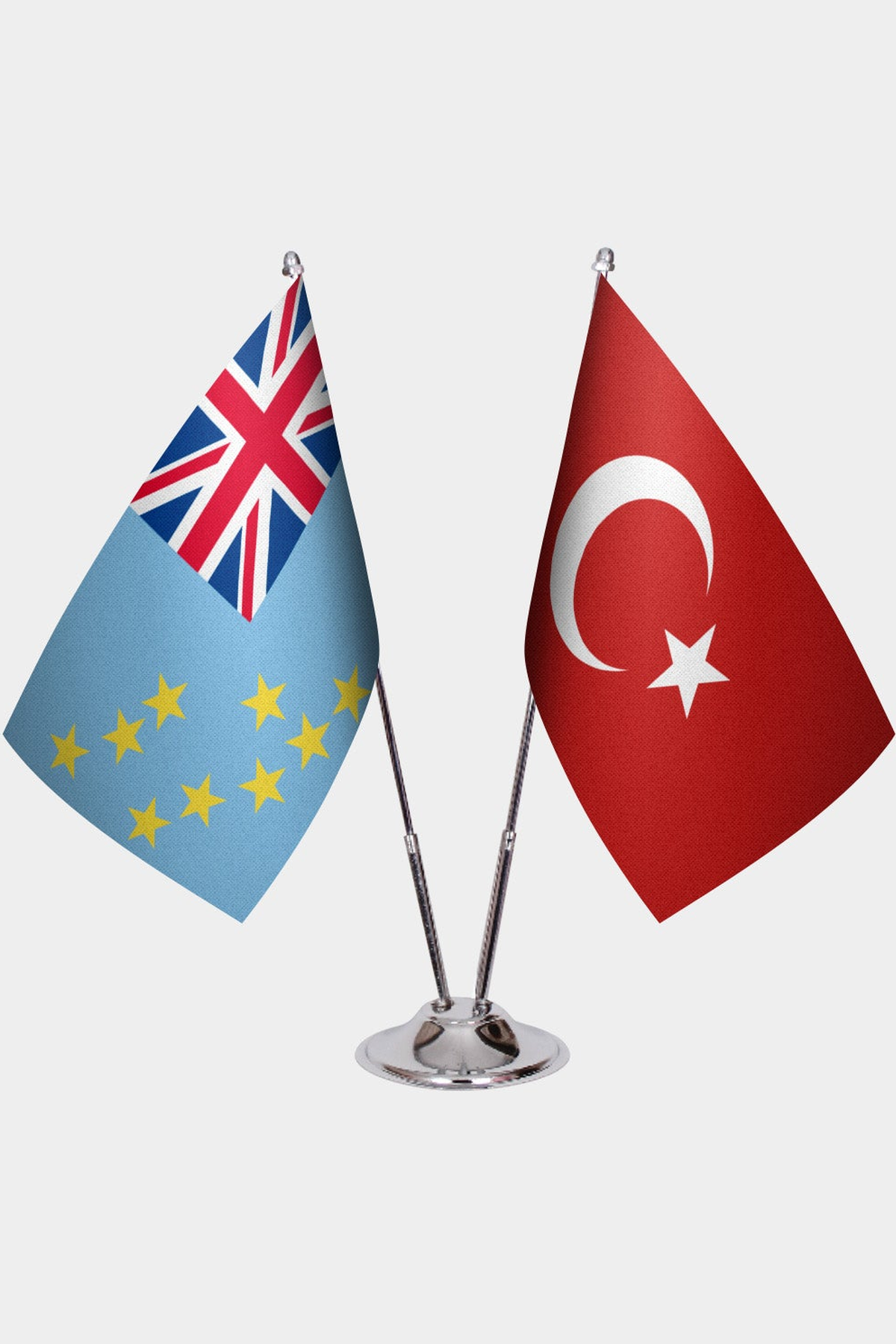 Tuvalu and Türkiye dual desk flag set with chrome silver pedestal, satin office table flag
