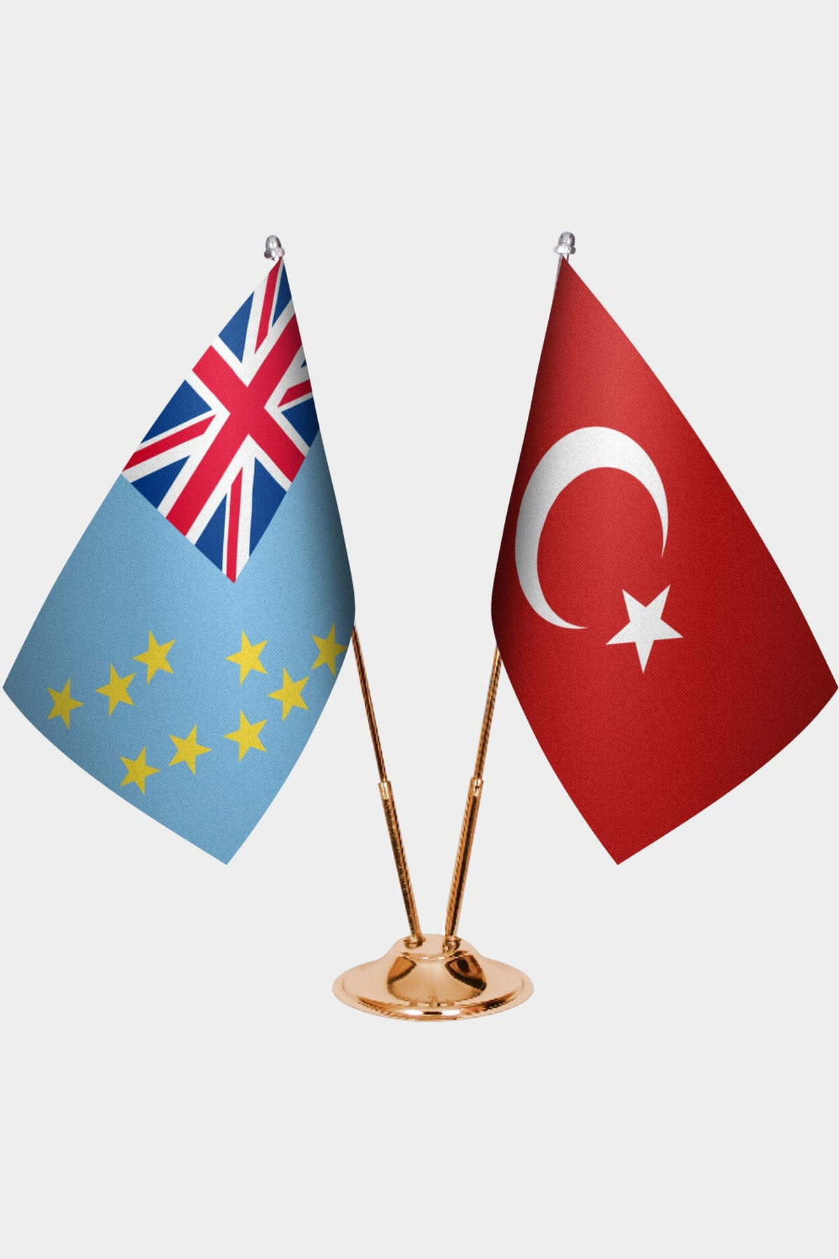 Tuvalu and Türkiye dual desk flag set with gold pedestal, satin office table flag