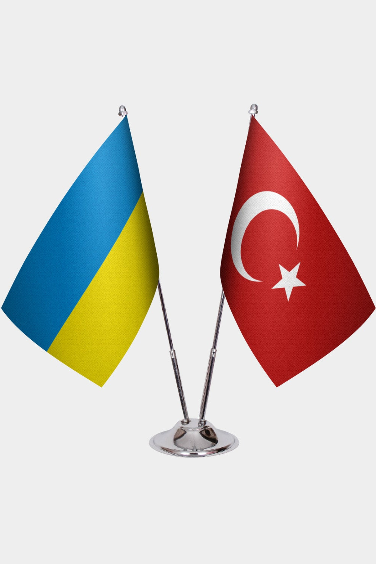 Ukraine and Türkiye dual desk flag set with chrome silver pedestal, satin office table flag
