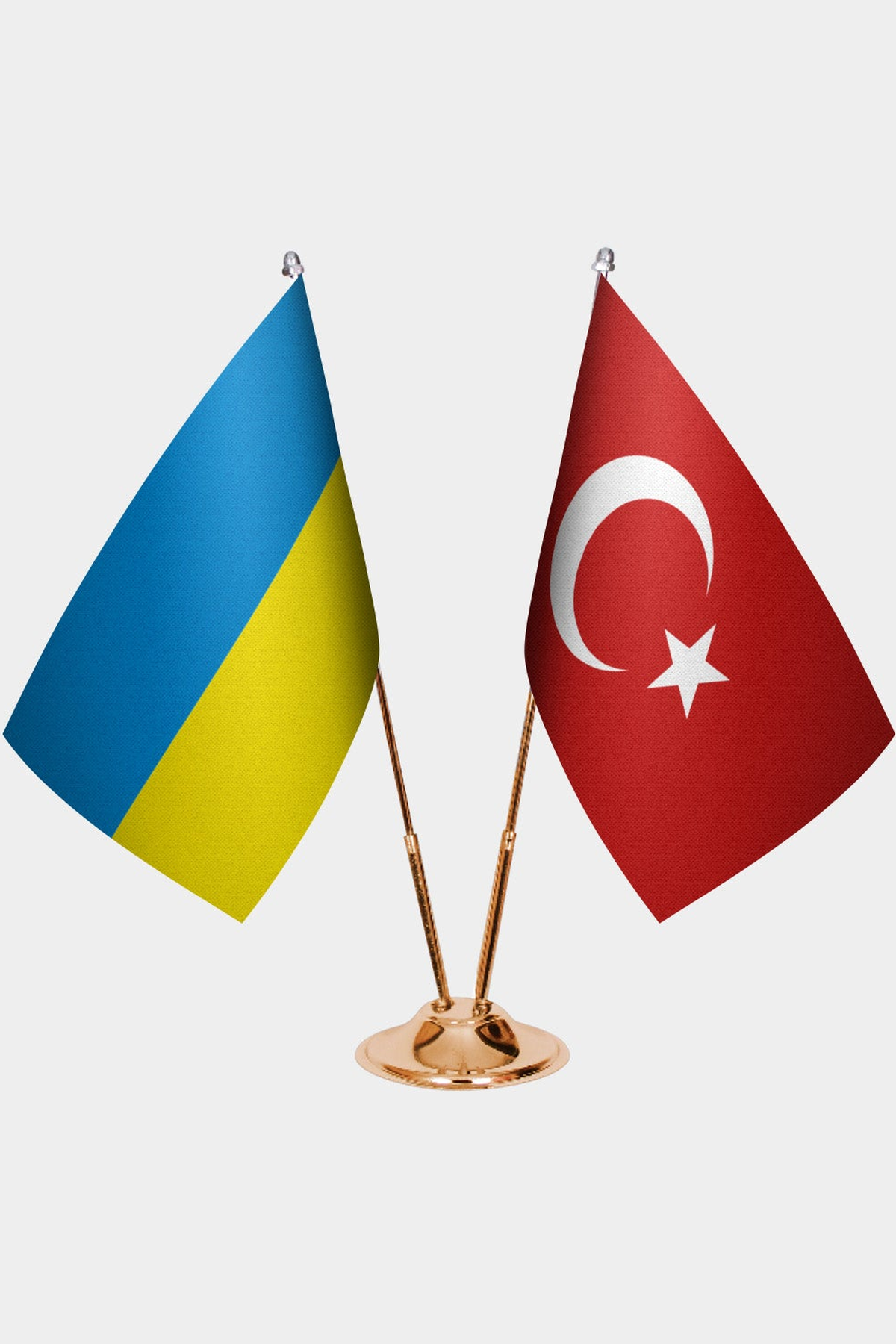 Ukraine and Türkiye dual desk flag set with gold pedestal, satin office table flag