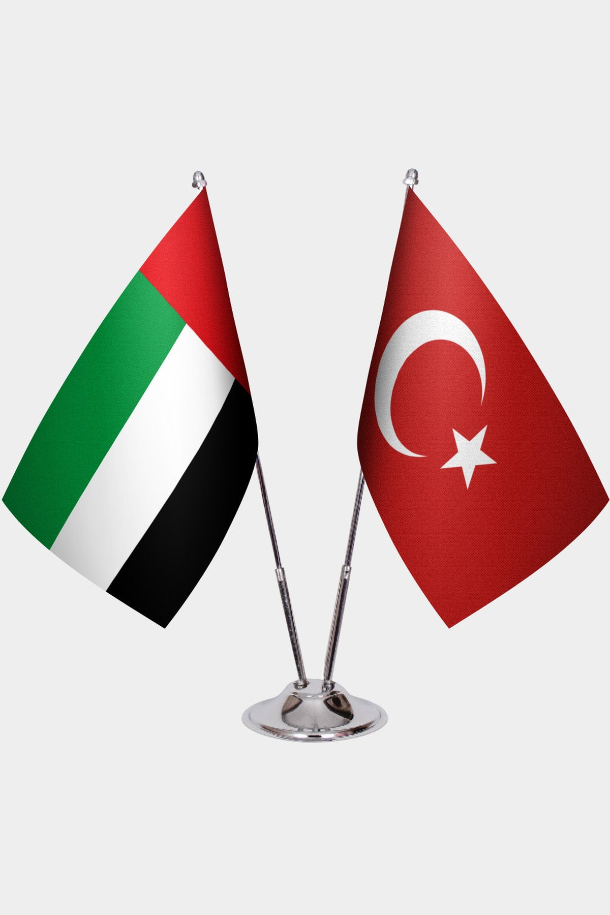 United Arab Emirates and Türkiye dual desk flag set with chrome silver pedestal, satin office table flag