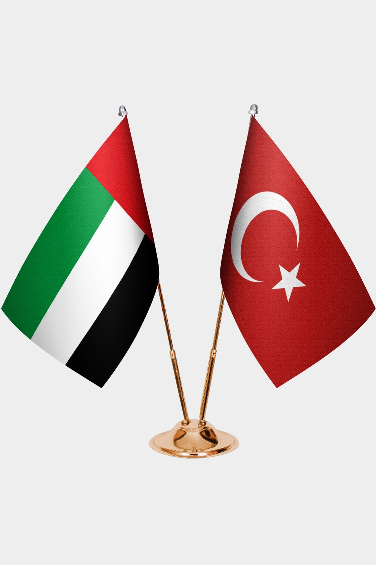United Arab Emirates and Türkiye dual desk flag set with gold pedestal, satin office table flag