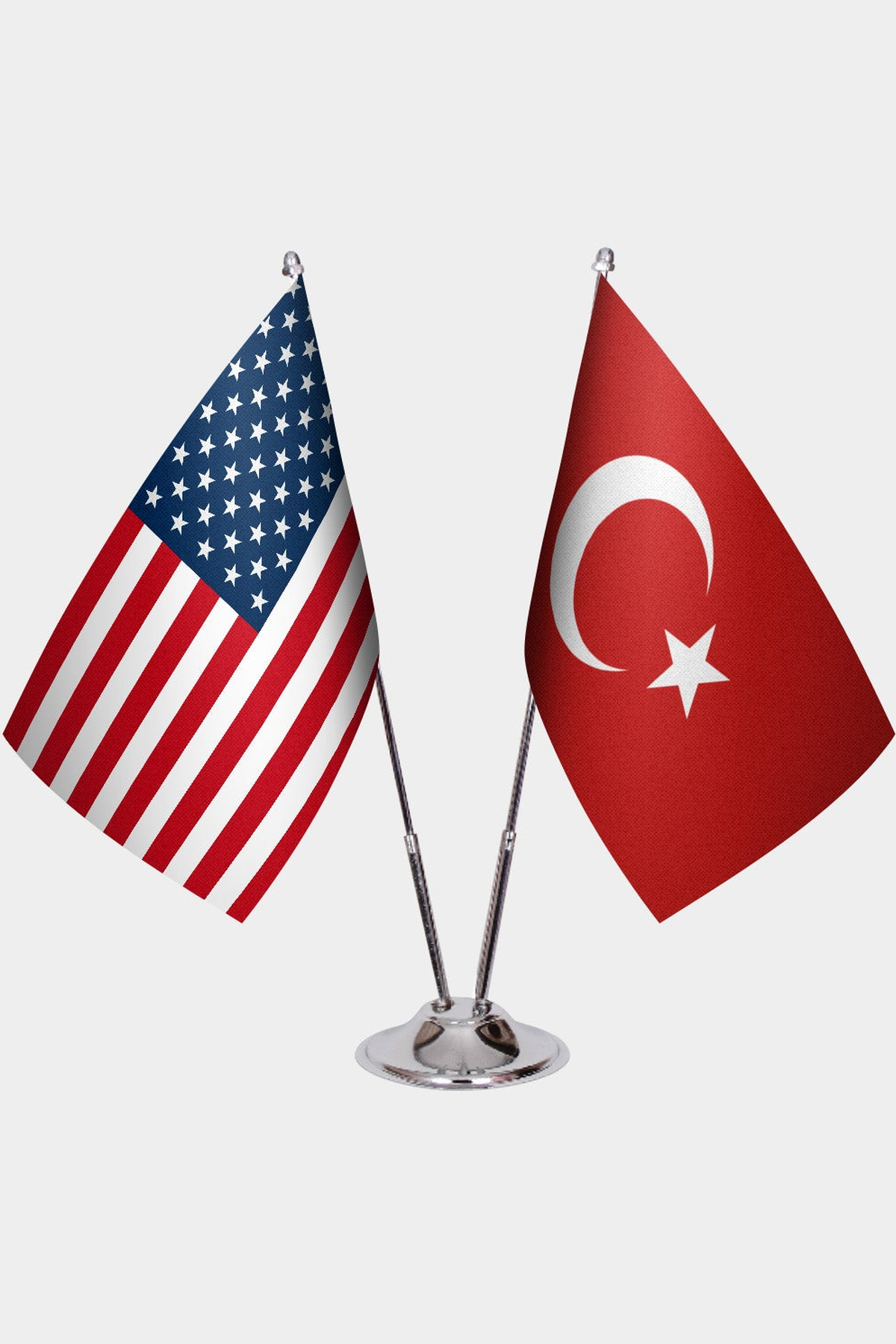 United States and Türkiye dual desk flag set with chrome silver pedestal, satin office table flag