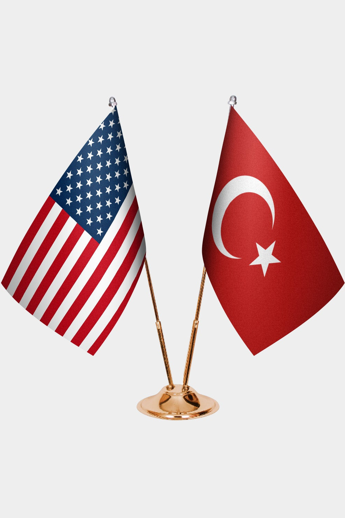 United States and Türkiye dual desk flag set with gold pedestal, satin office table flag