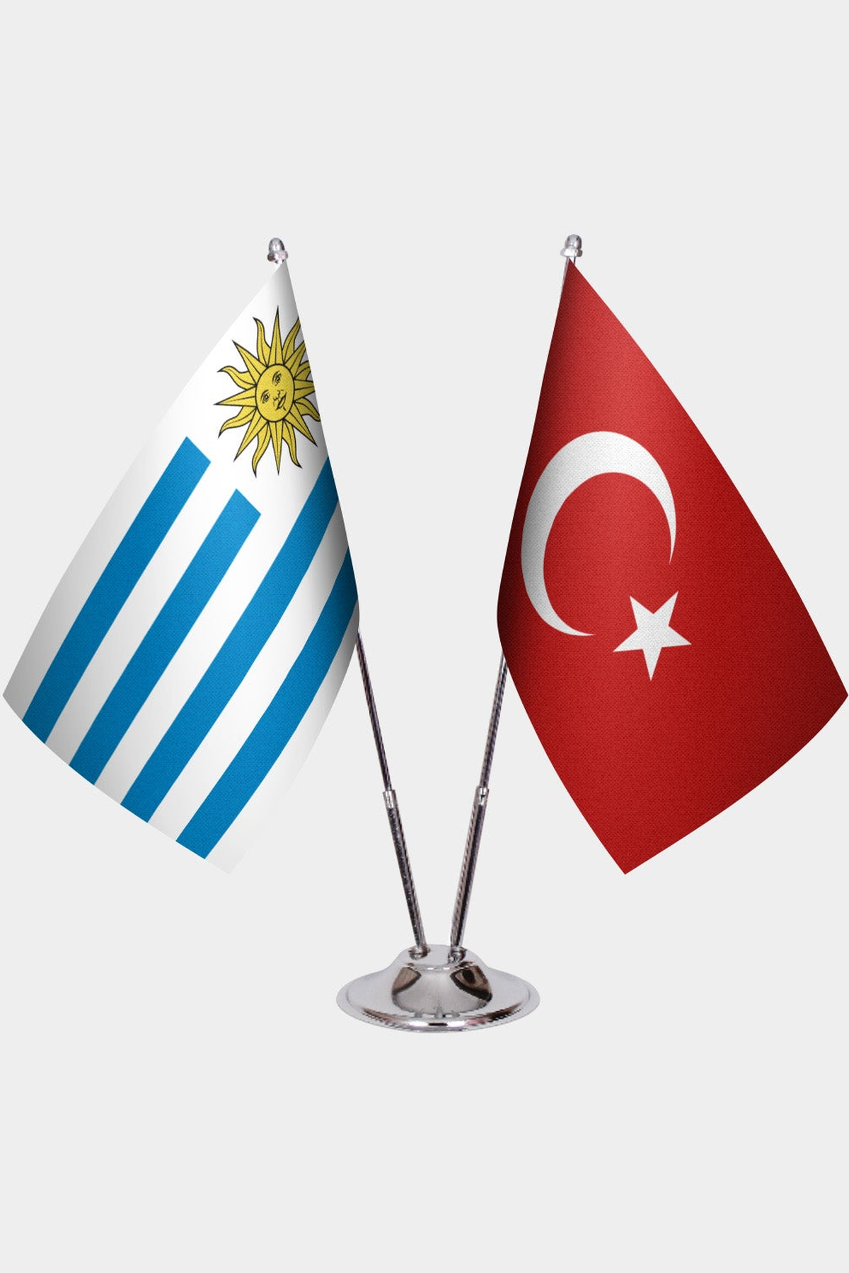 Uruguay and Türkiye dual desk flag set with chrome silver pedestal, satin office table flag