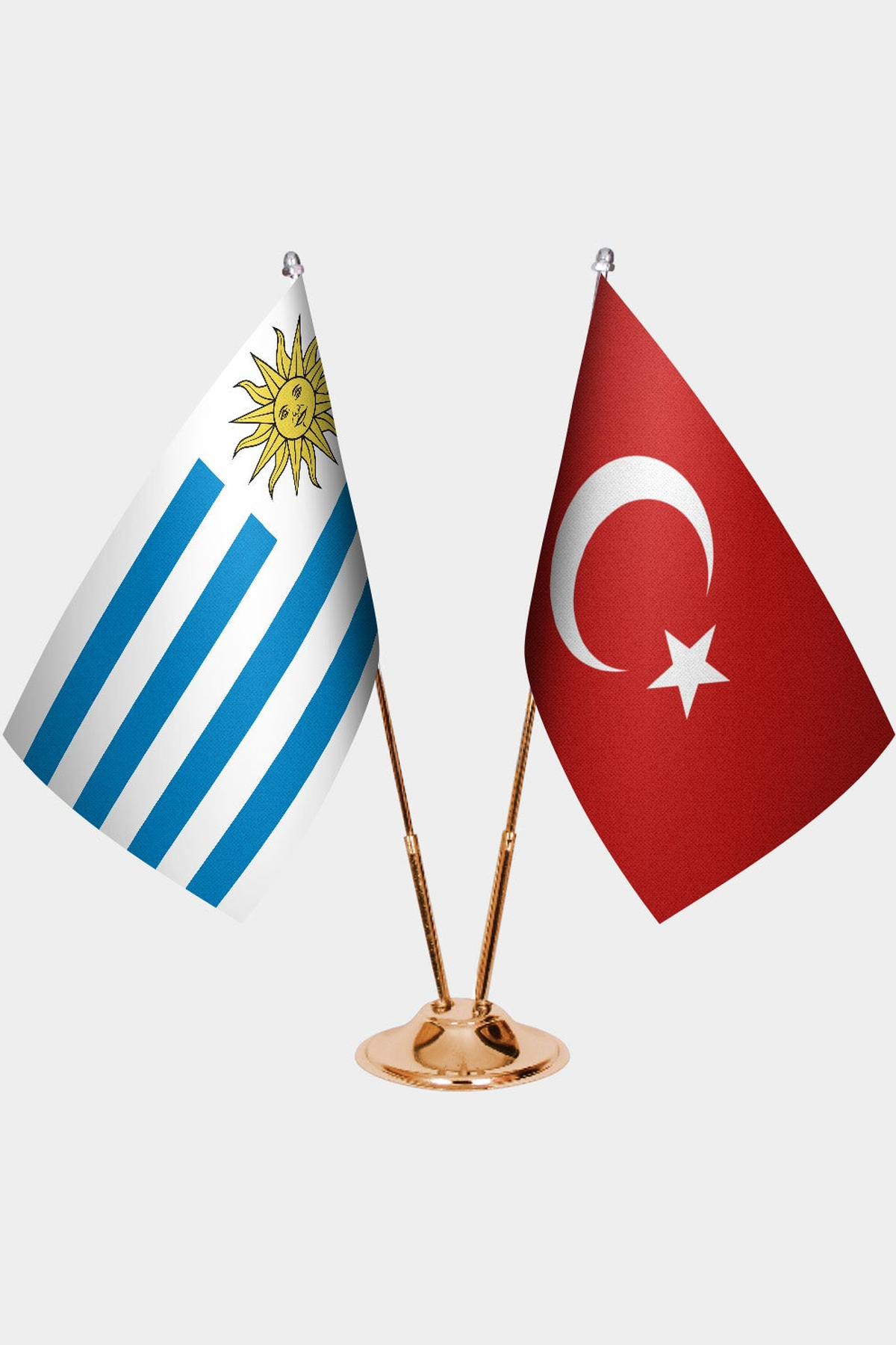 Uruguay and Türkiye dual desk flag set with gold pedestal, satin office table flag