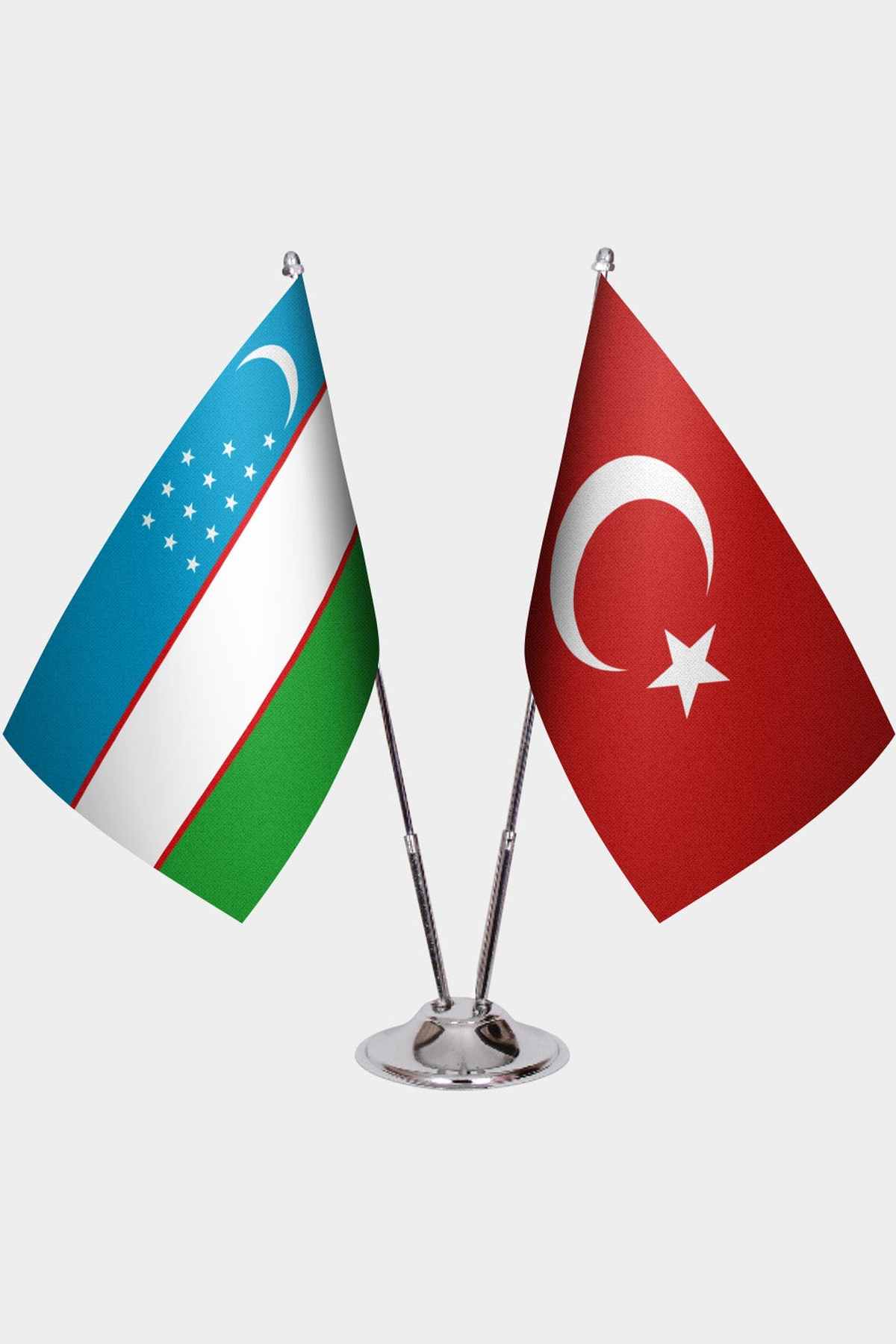 Uzbekistan and Türkiye dual desk flag set with chrome silver pedestal, satin office table flag