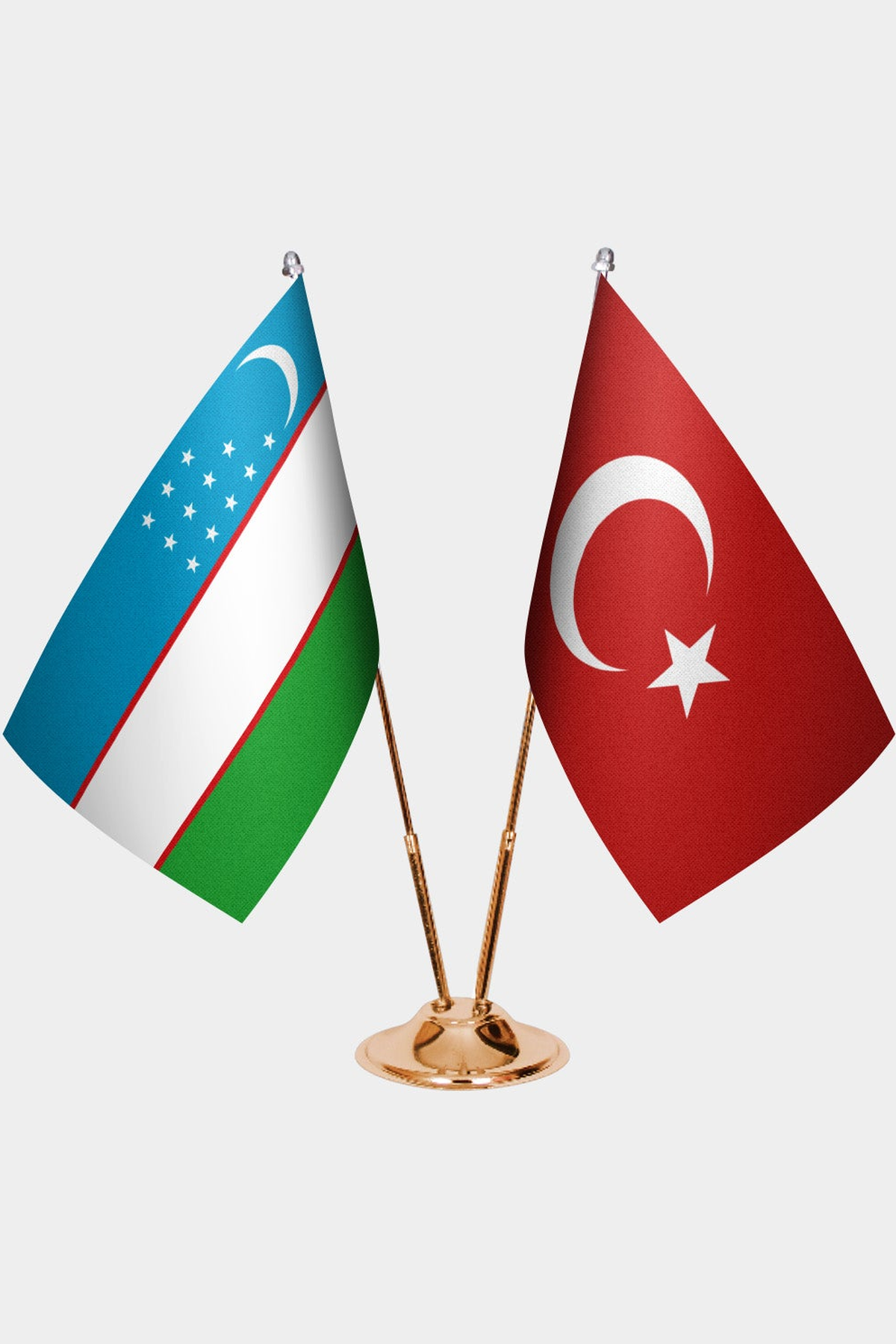 Uzbekistan and Türkiye dual desk flag set with gold pedestal, satin office table flag