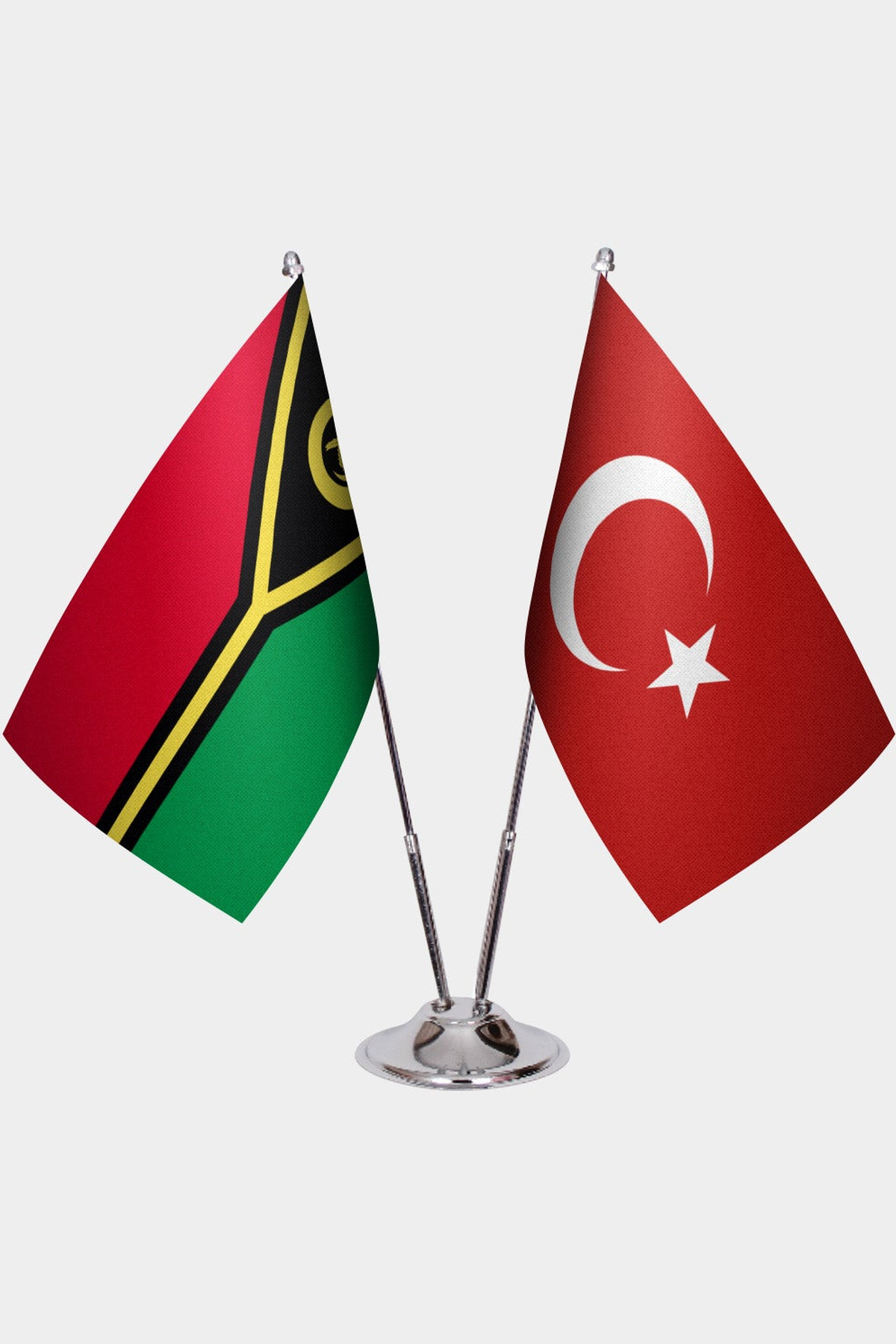 Vanuatu and Türkiye dual desk flag set with chrome silver pedestal, satin office table flag