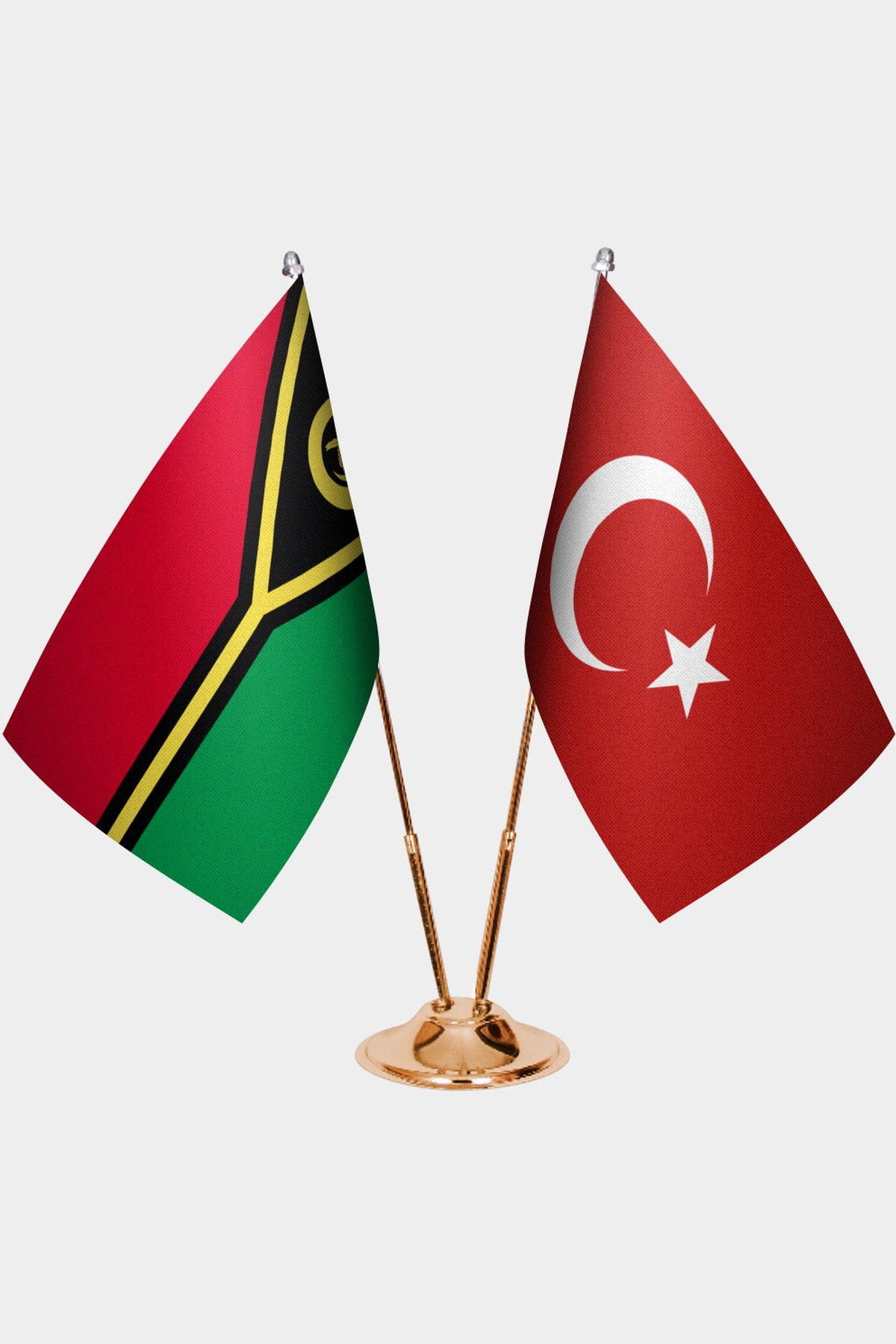 Vanuatu and Türkiye dual desk flag set with gold pedestal, satin office table flag