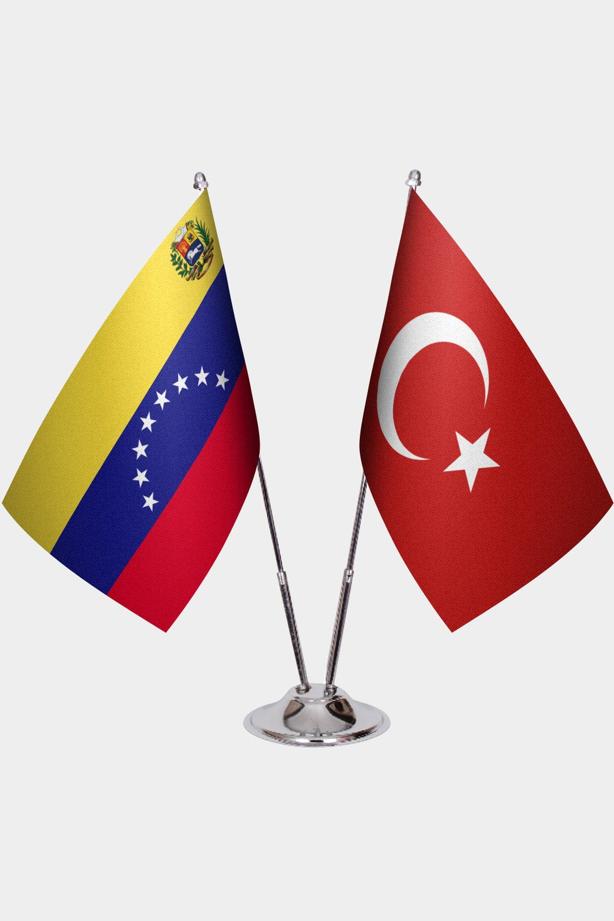 Venezuela and Türkiye dual desk flag set with chrome silver pedestal, satin office table flag