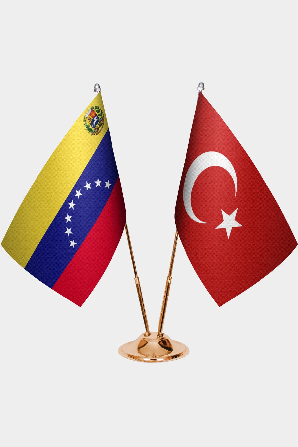 Venezuela and Türkiye dual desk flag set with gold pedestal, satin office table flag