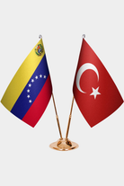 Venezuela and Türkiye dual desk flag set with gold pedestal, satin office table flag