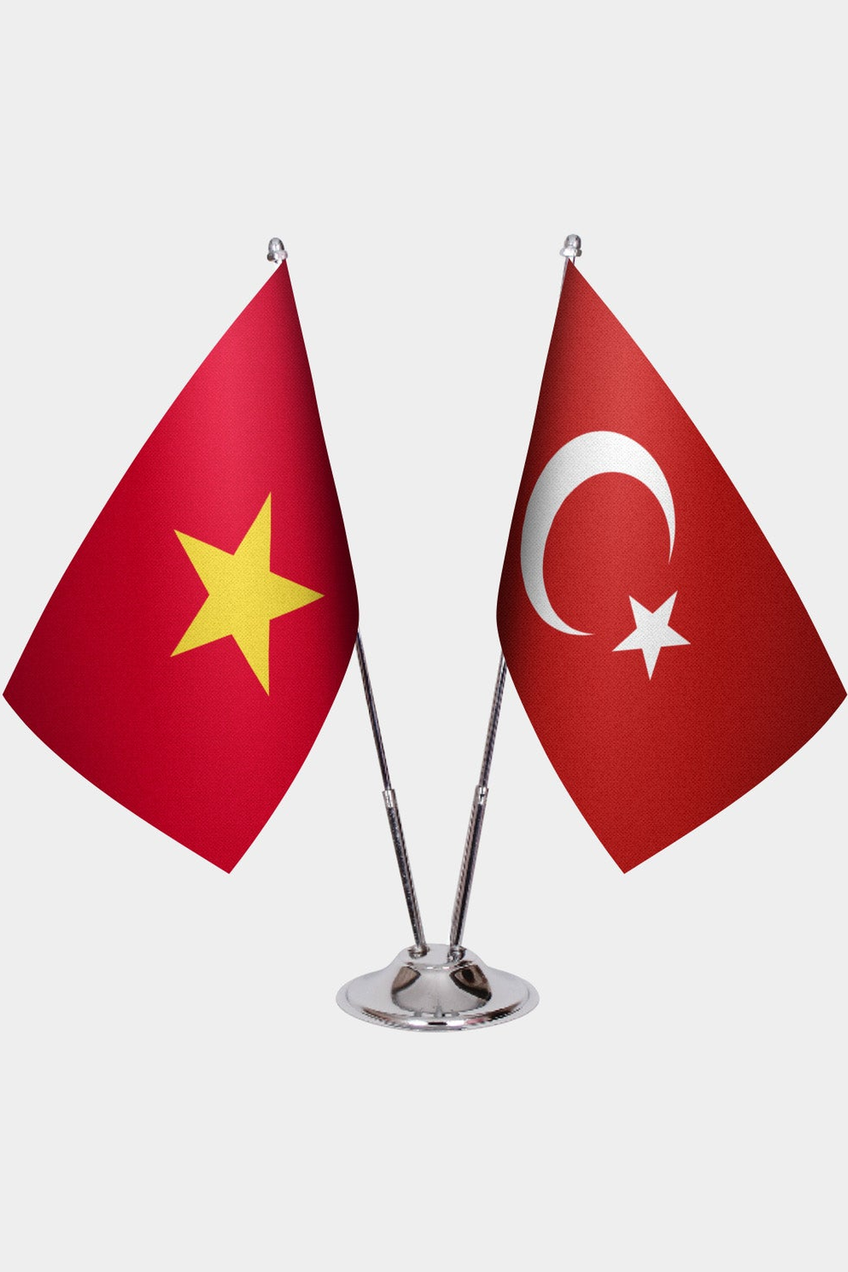 Vietnam and Türkiye dual desk flag set with chrome silver pedestal, satin office table flag