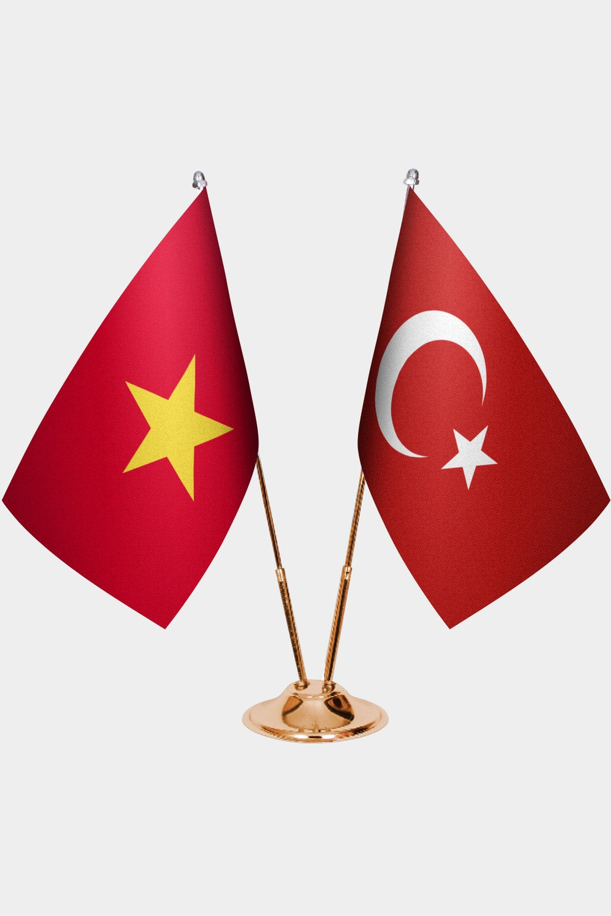Vietnam and Türkiye dual desk flag set with gold pedestal, satin office table flag