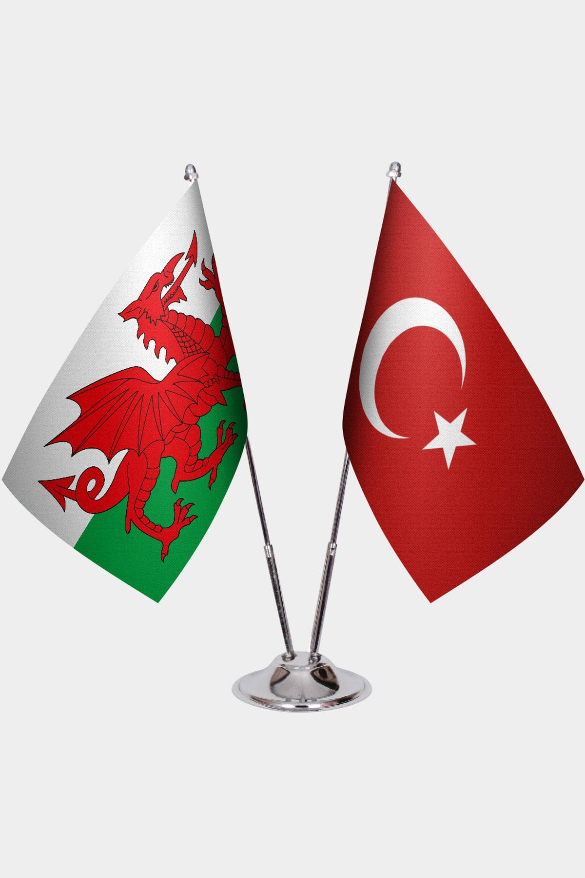 Wales and Türkiye dual desk flag set with chrome silver pedestal, satin office table flag