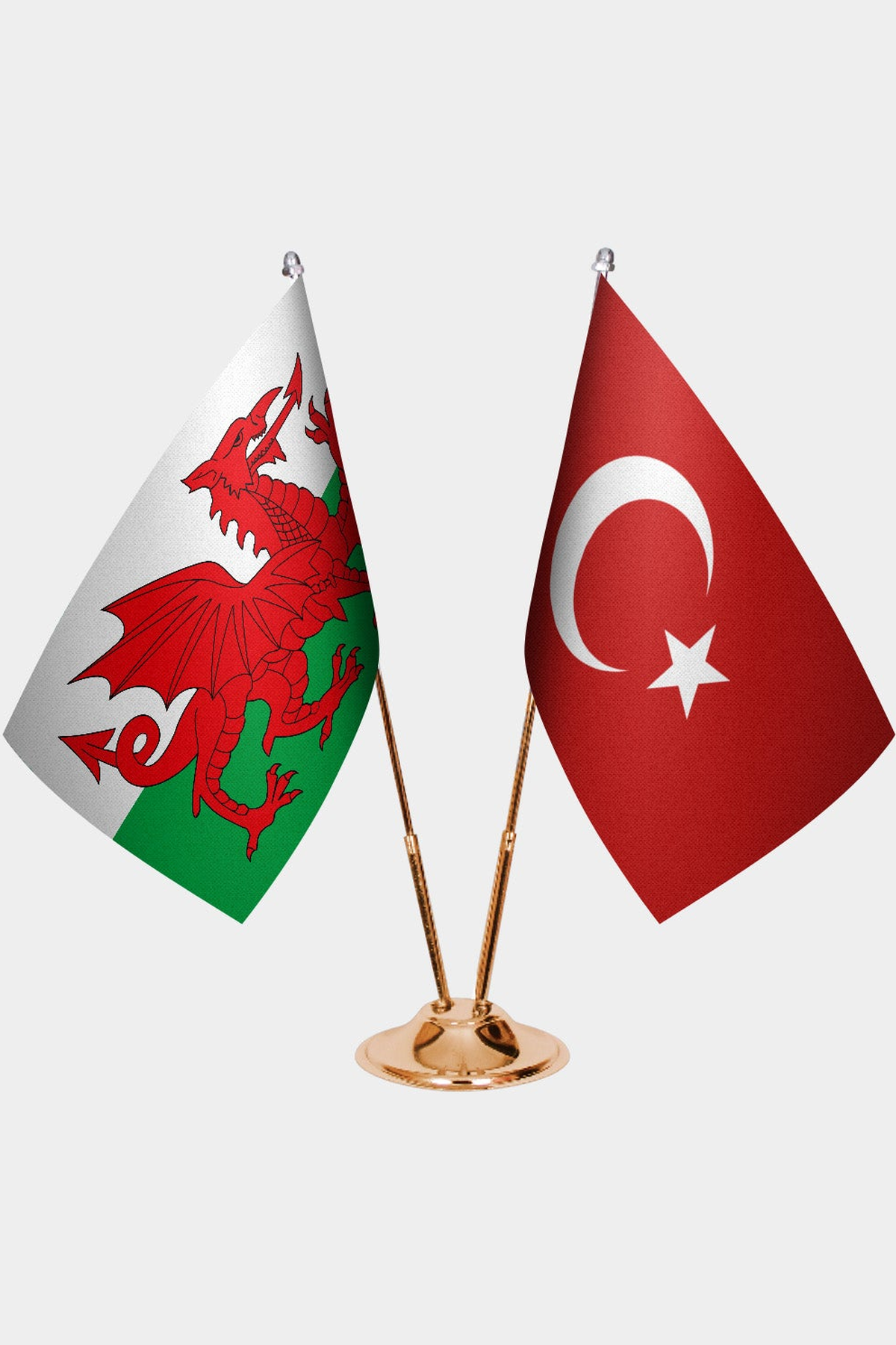 Wales and Türkiye dual desk flag set with gold pedestal, satin office table flag