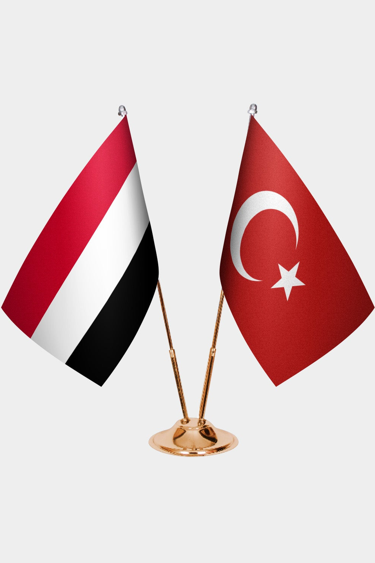 Yemen and Türkiye dual desk flag set with gold pedestal, satin office table flag