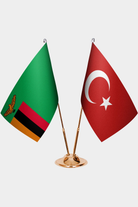 Zambia and Türkiye dual desk flag set with gold pedestal, satin office table flag