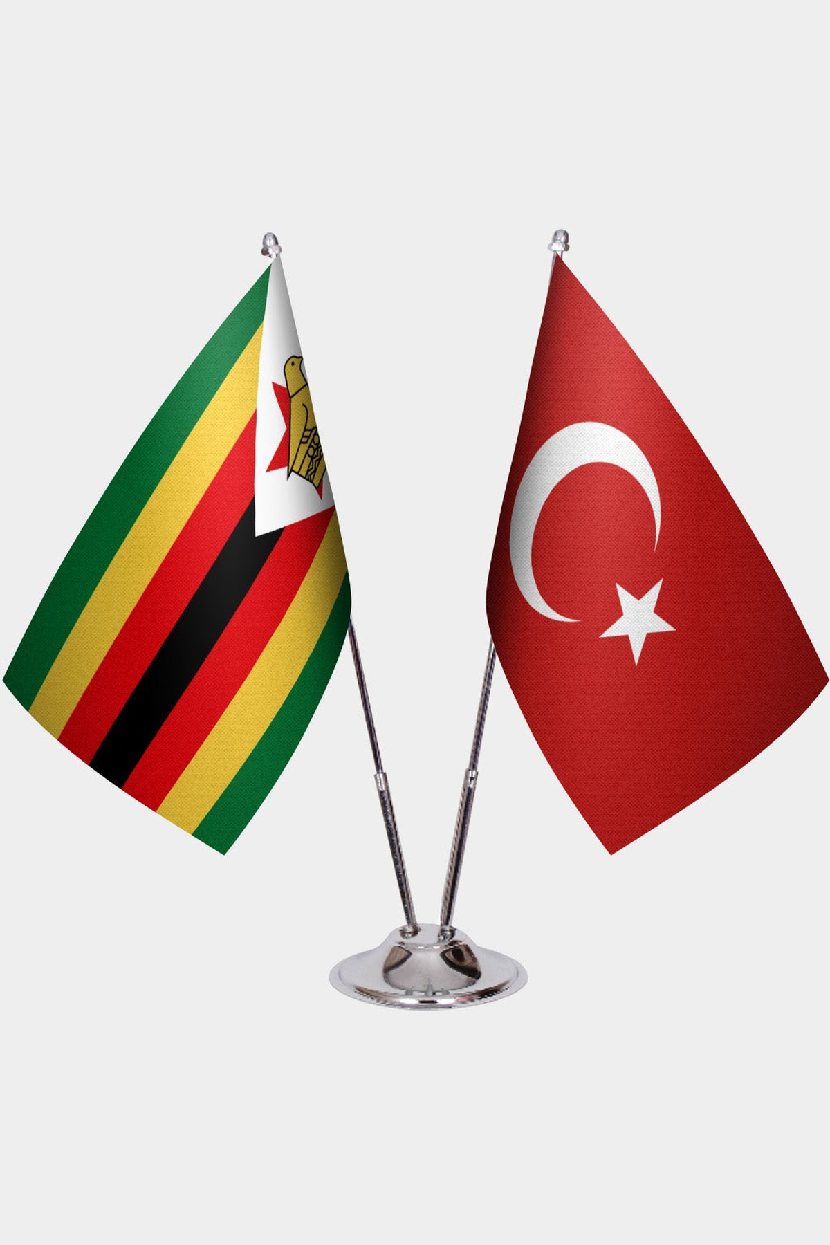 Zimbabwe and Türkiye dual desk flag set with chrome silver pedestal, satin office table flag