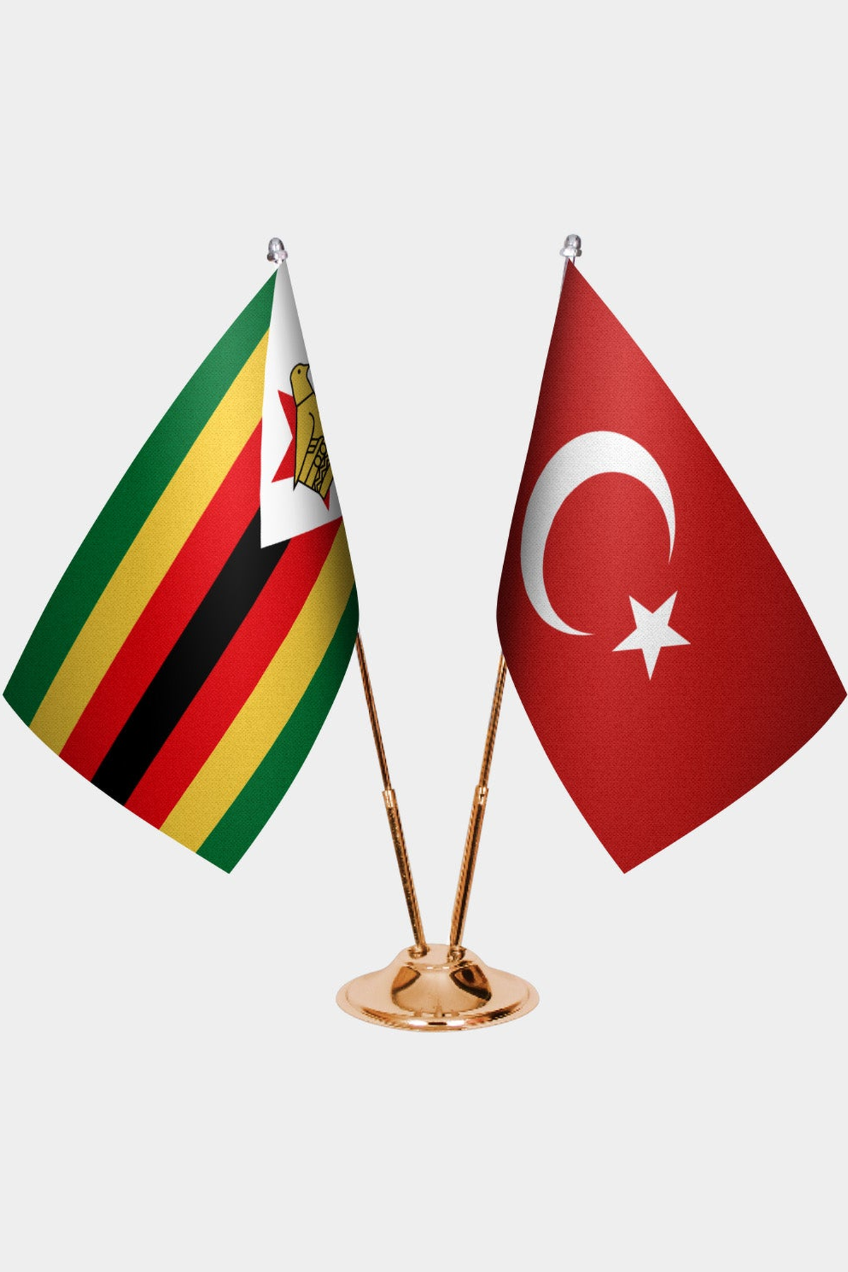 Zimbabwe and Türkiye dual desk flag set with gold pedestal, satin office table flag