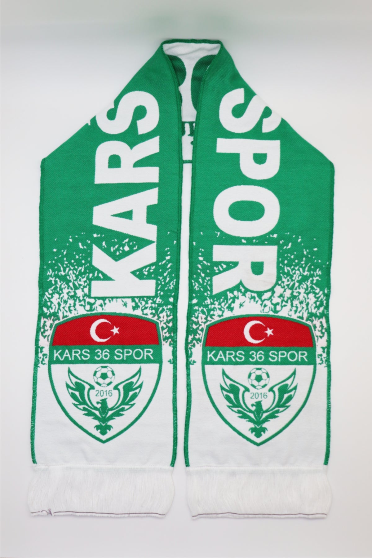Kars 36 Spor custom woven football fan scarf — Turkish club design in green and white with crest