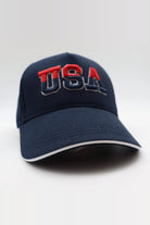 USA flag baseball cap with white brim trim