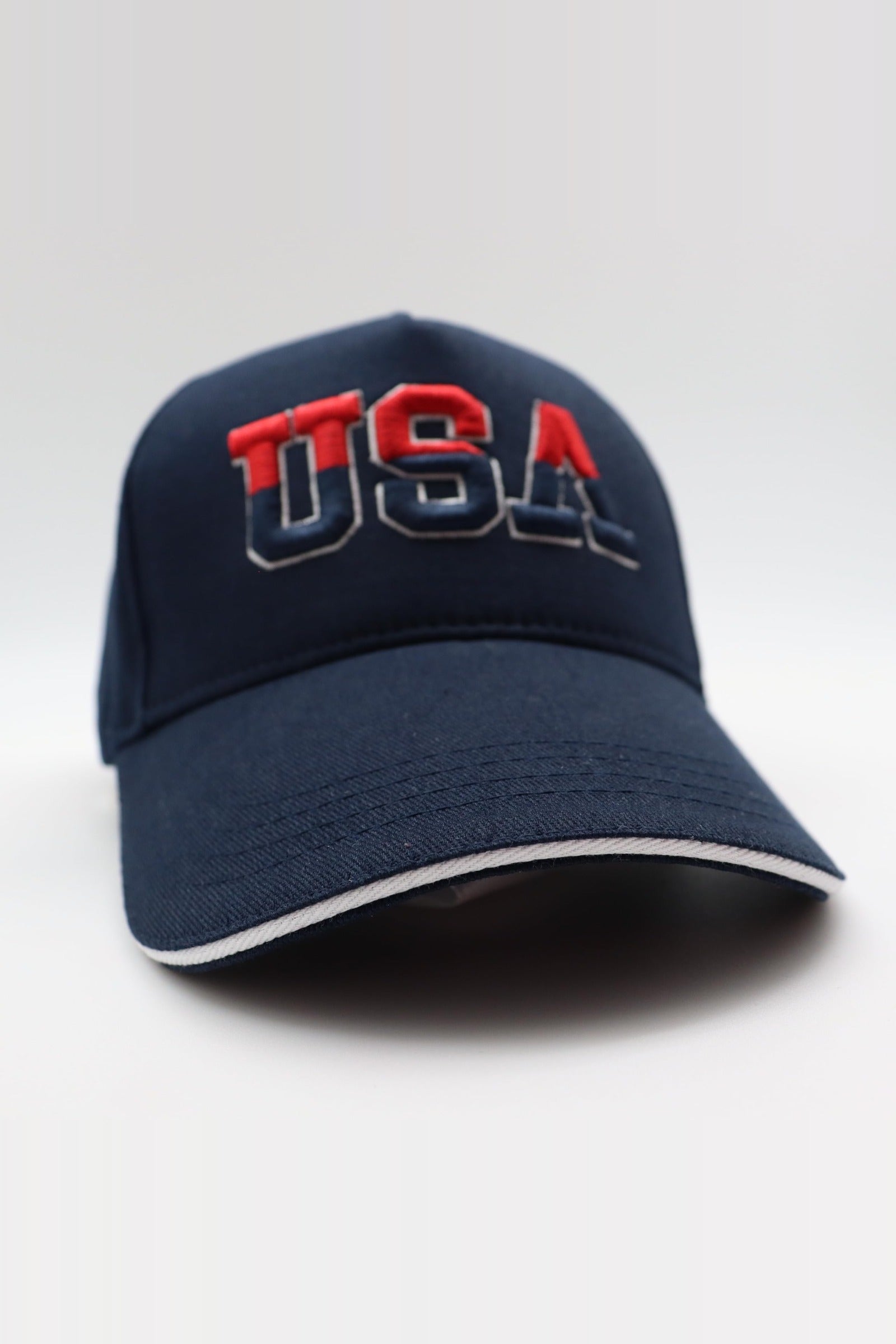 USA flag baseball cap with white brim trim