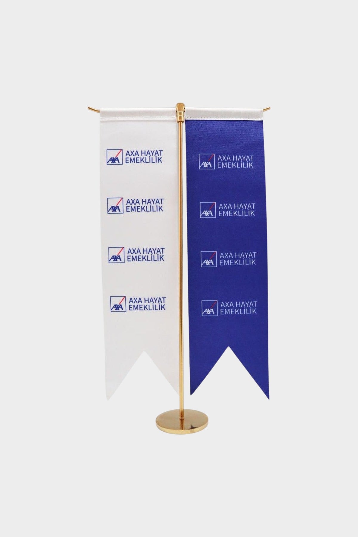 Logo Printed Swallowtail T-Shaped Desk Flag with gold poles, 8 × 32 cm flags on a weighted base (1) all-groups