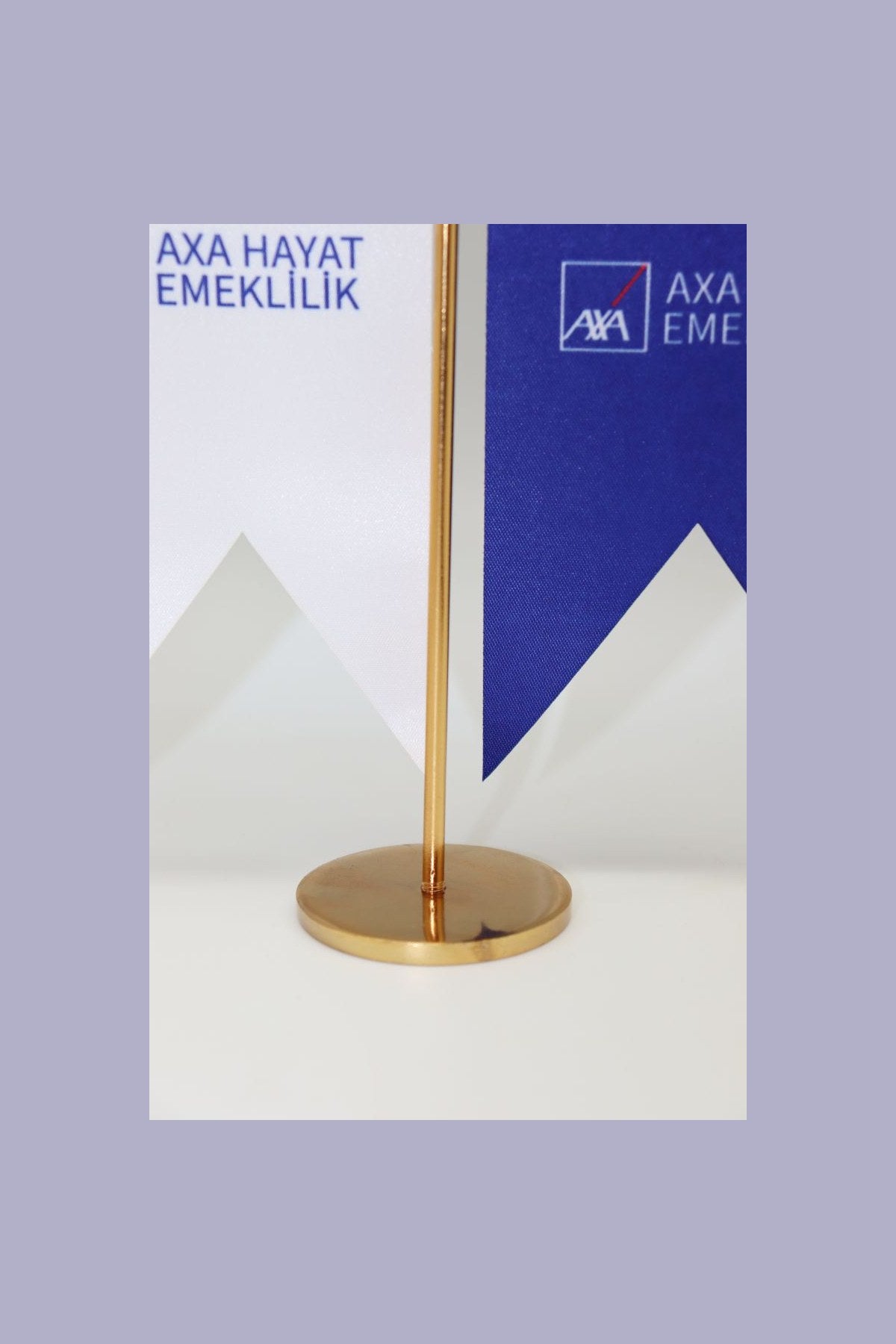 Logo Printed Swallowtail T-Shaped Desk Flag with gold poles, 8 × 32 cm flags on a weighted base (5)